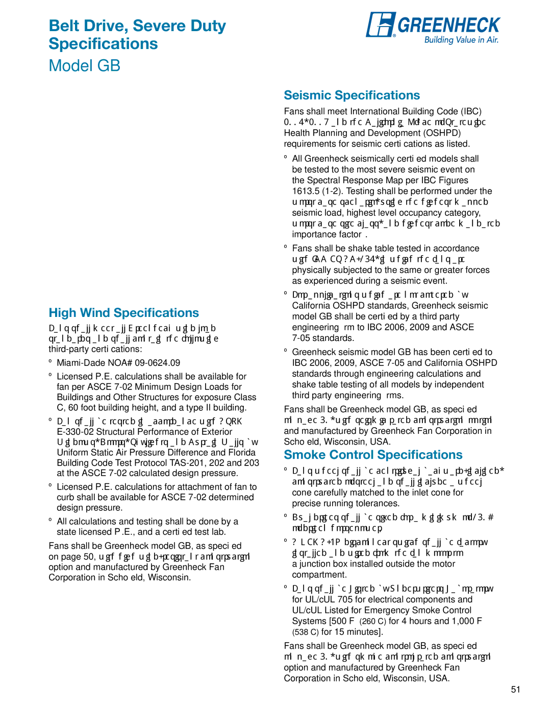 Greenheck Fan GB manual Belt Drive, Severe Duty Specifications, Smoke Control Specifications 
