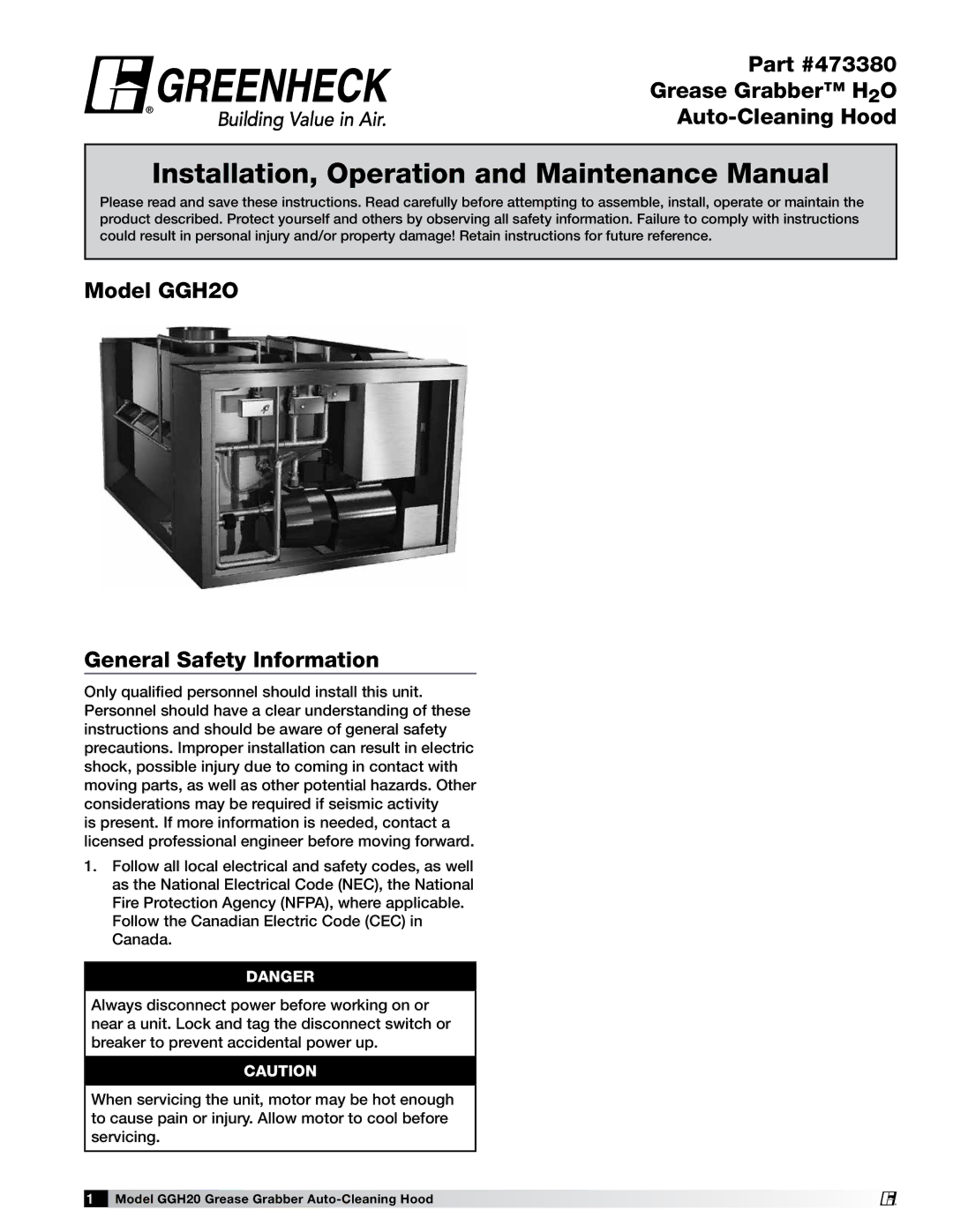 Greenheck Fan GGH20 manual 473380, Grease Grabber H 2O, Auto-Cleaning Hood, Model GGH2O General Safety Information 