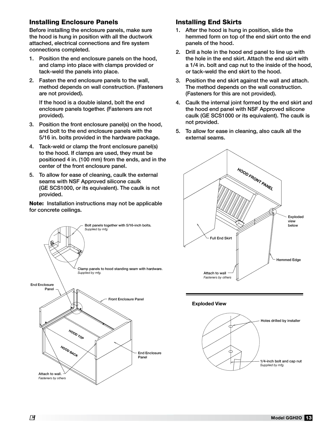 Greenheck Fan GGH20 manual Installing Enclosure Panels, Installing End Skirts 