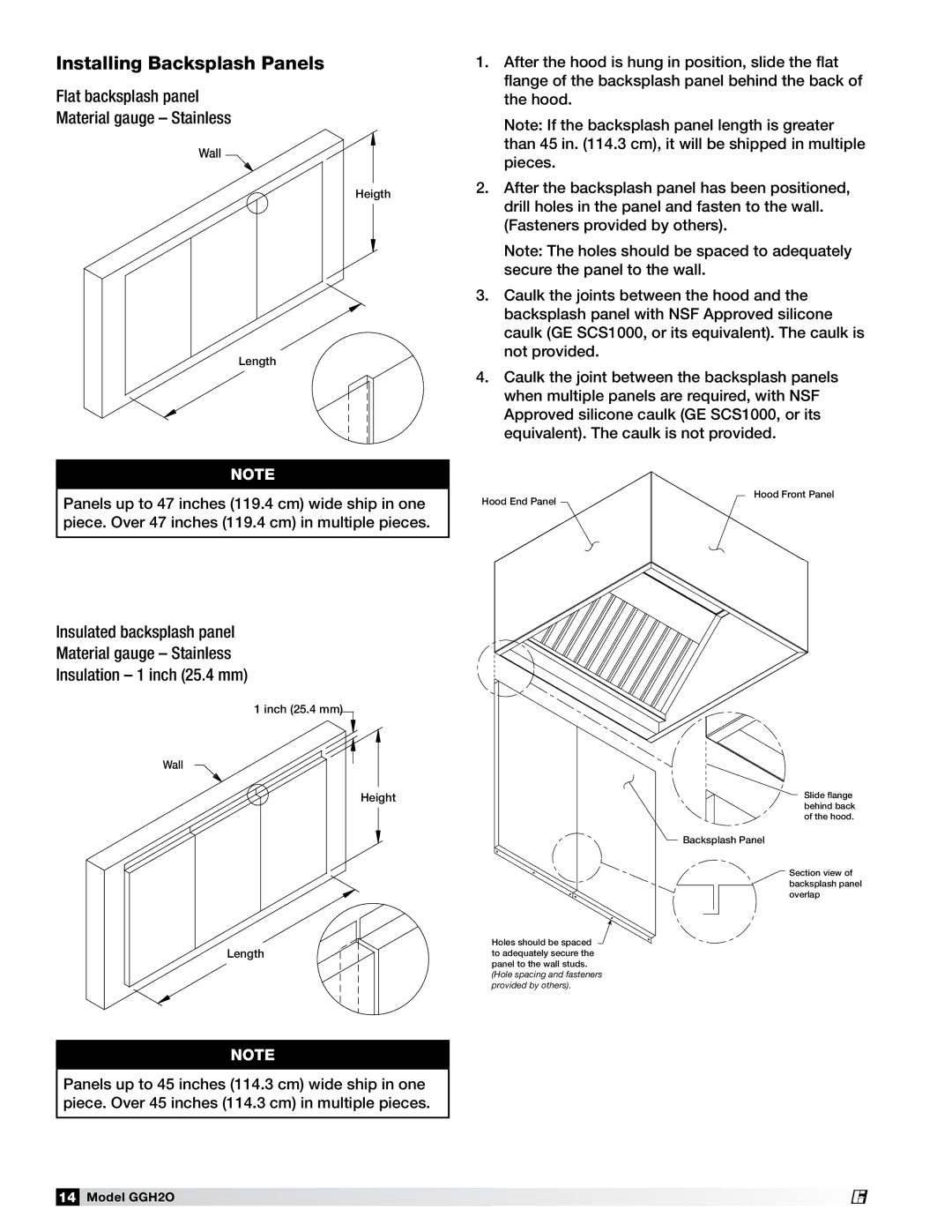 Greenheck Fan GGH20 manual Installing Backsplash Panels, Flat backsplash panel Material gauge Stainless 