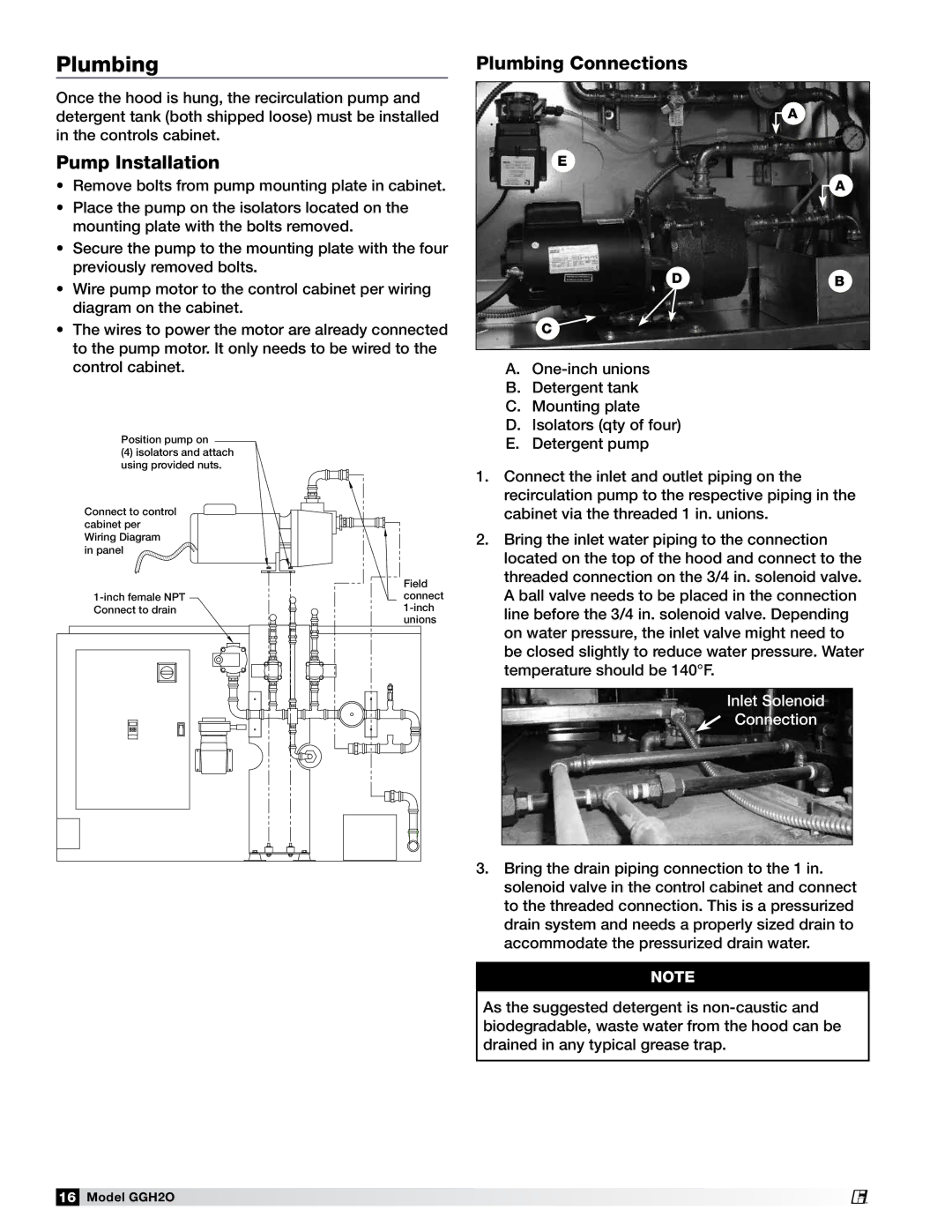 Greenheck Fan GGH20 manual Pump Installation, Plumbing Connections 