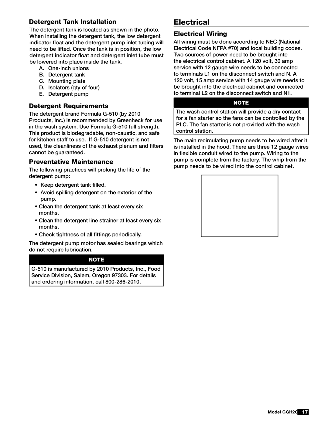 Greenheck Fan GGH20 manual Electrical, Detergent Tank Installation, Detergent Requirements, Preventative Maintenance 