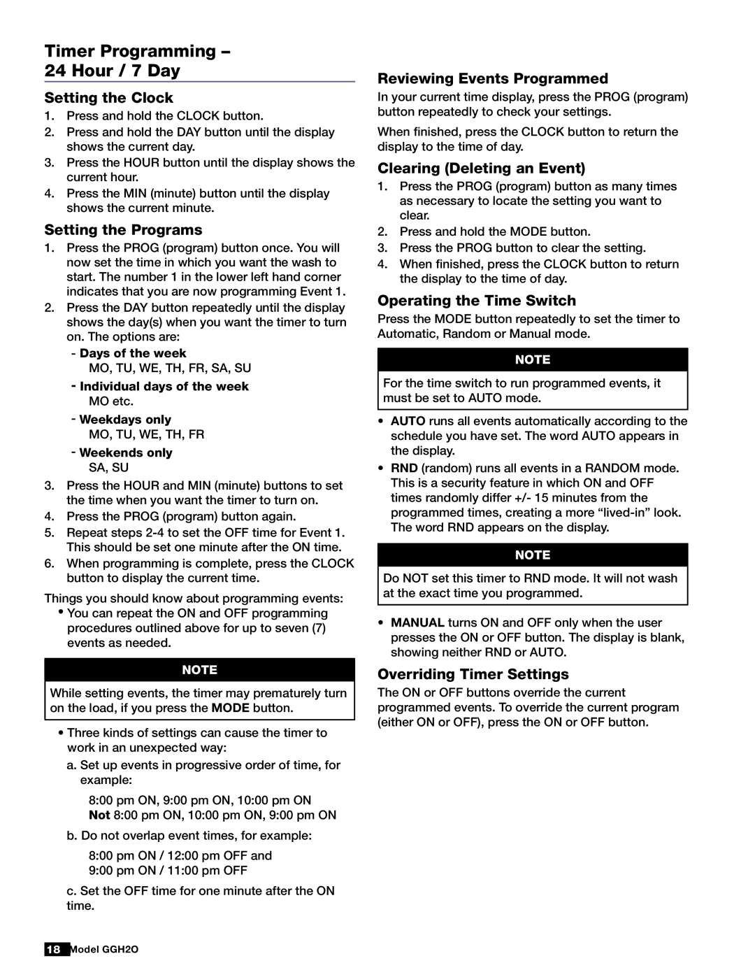 Greenheck Fan GGH20 manual Timer Programming Hour / 7 Day 