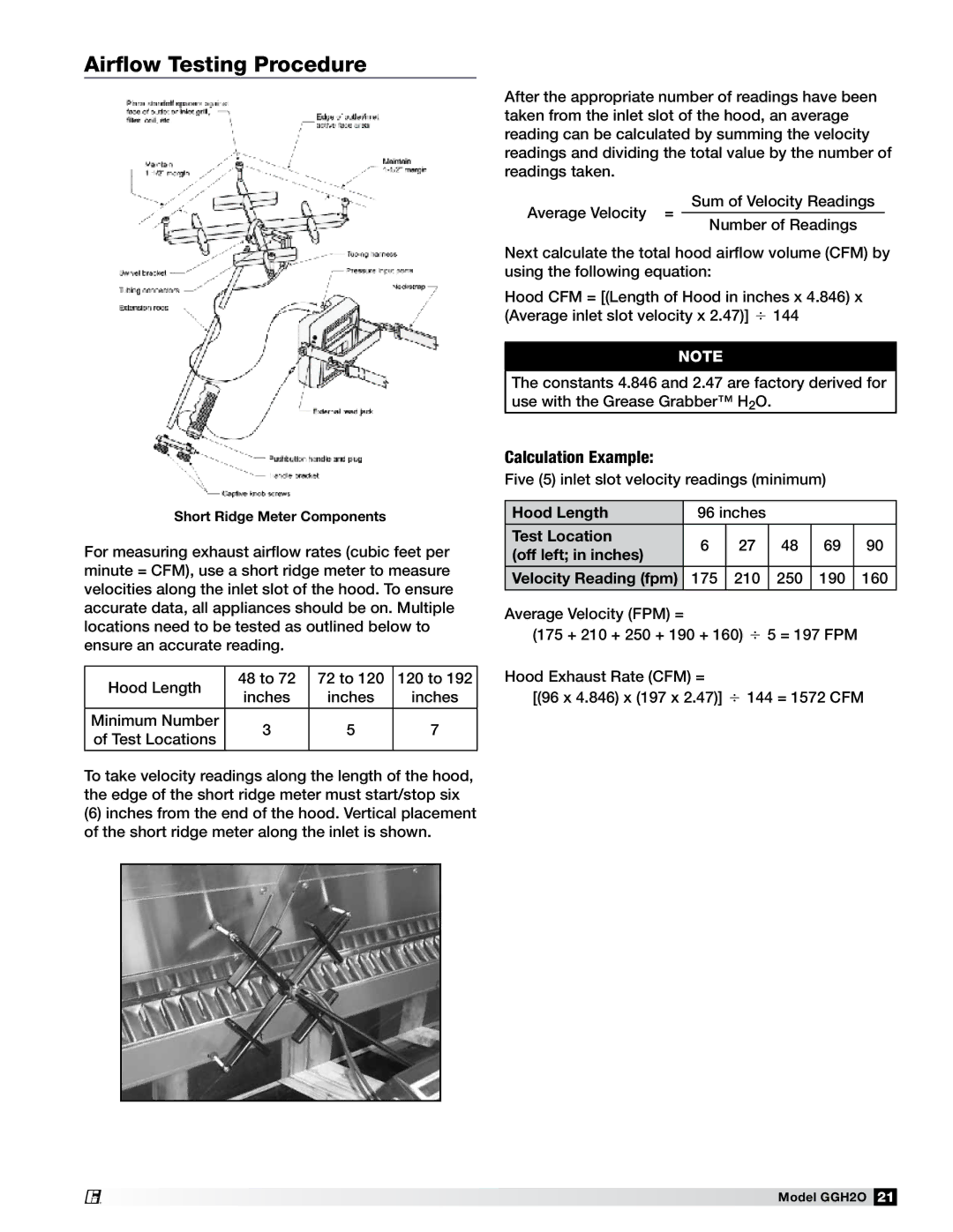 Greenheck Fan GGH20 manual Airflow Testing Procedure, Calculation Example, Hood Length 