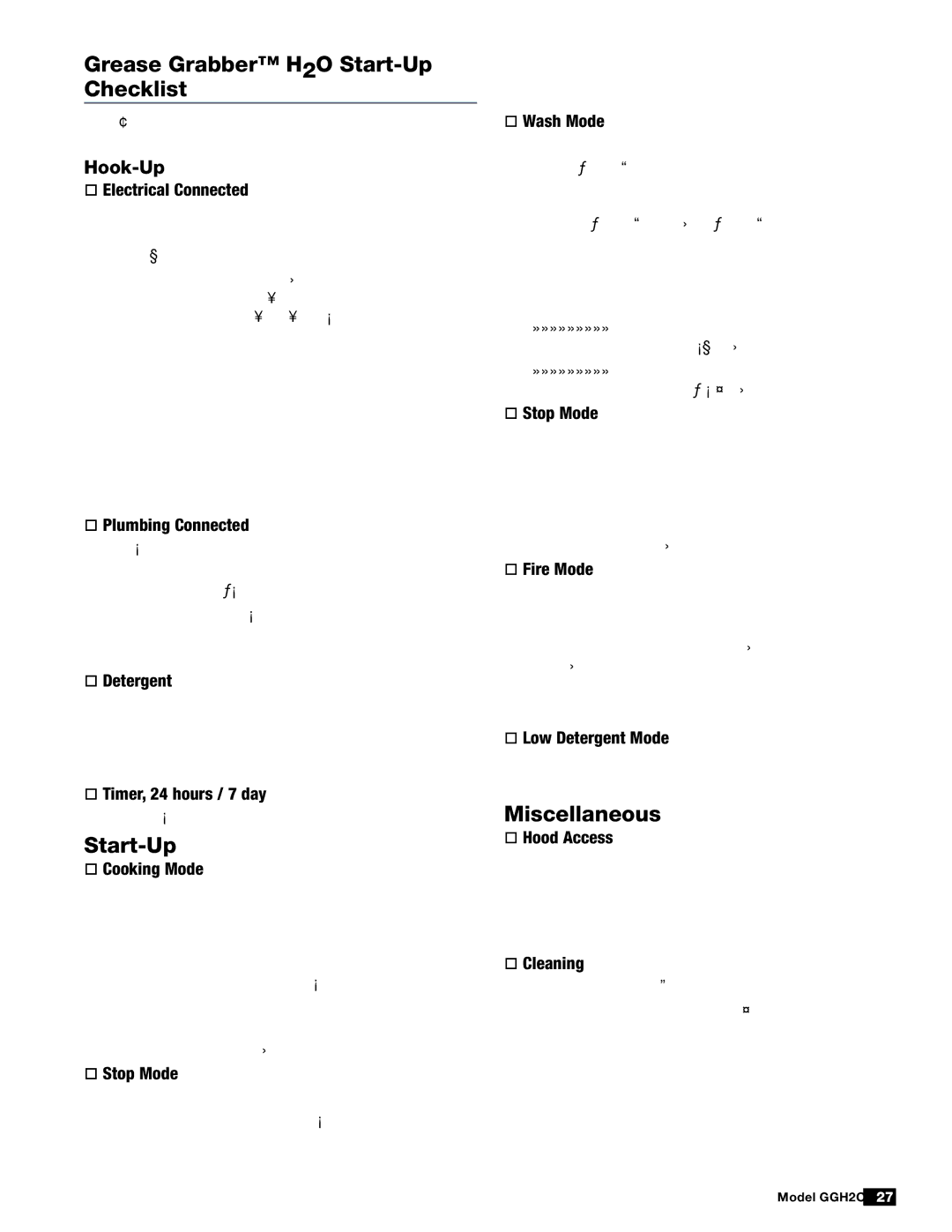 Greenheck Fan GGH20 manual Grease Grabber H2O Start-Up Checklist, Miscellaneous, Hook-Up 