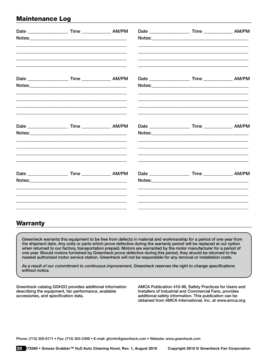 Greenheck Fan GGH20 manual Maintenance Log, Warranty 
