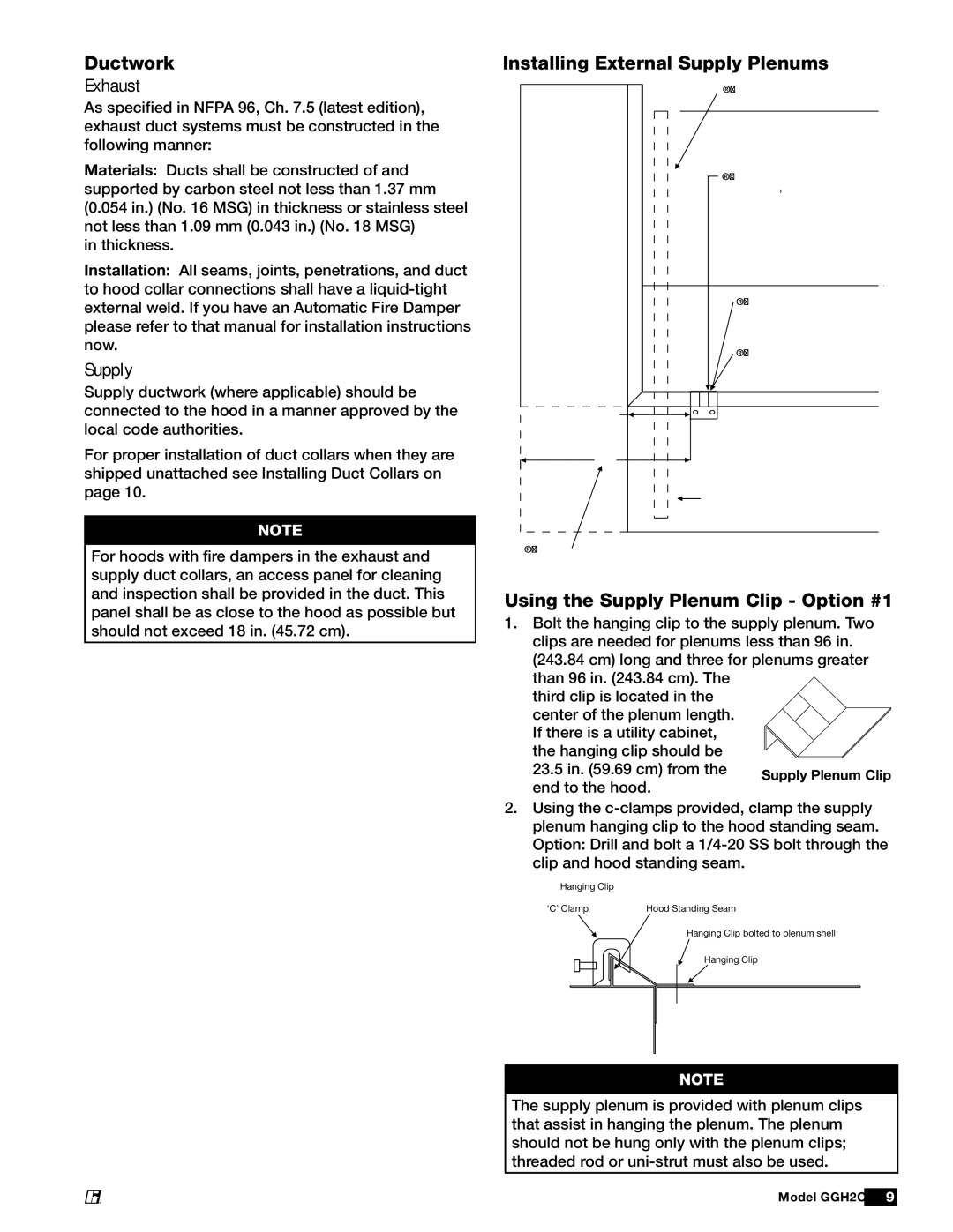 Greenheck Fan GGH20 manual Ductwork, Installing External Supply Plenums, Using the Supply Plenum Clip Option #1, Exhaust 
