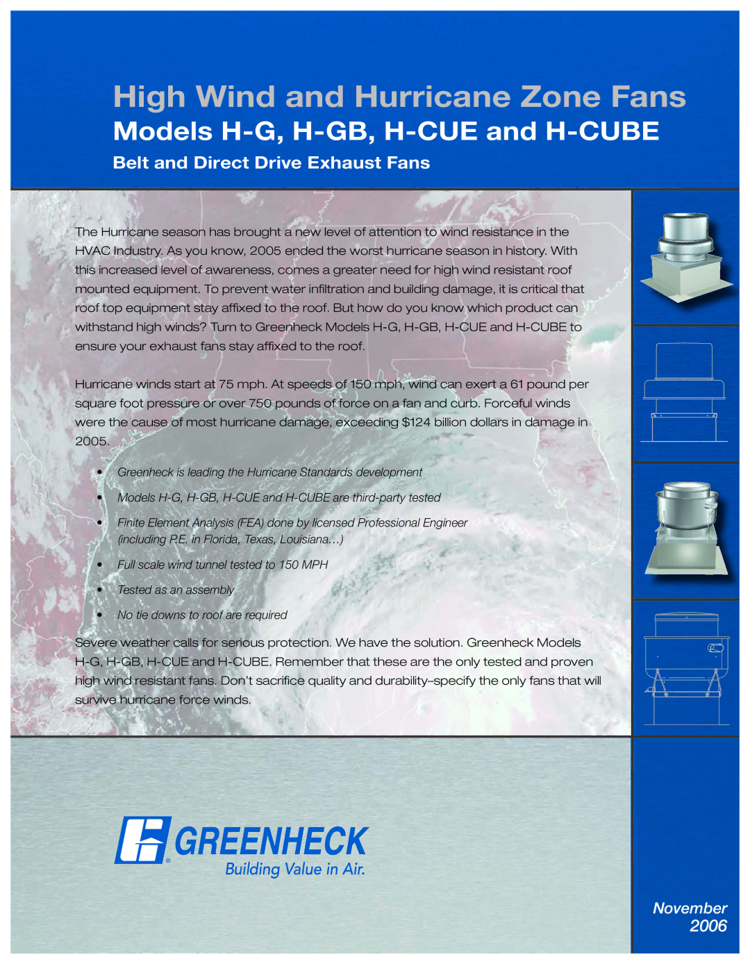 Greenheck Fan H-GB, H-CUBE, H-CUE manual High Wind and Hurricane Zone Fans 