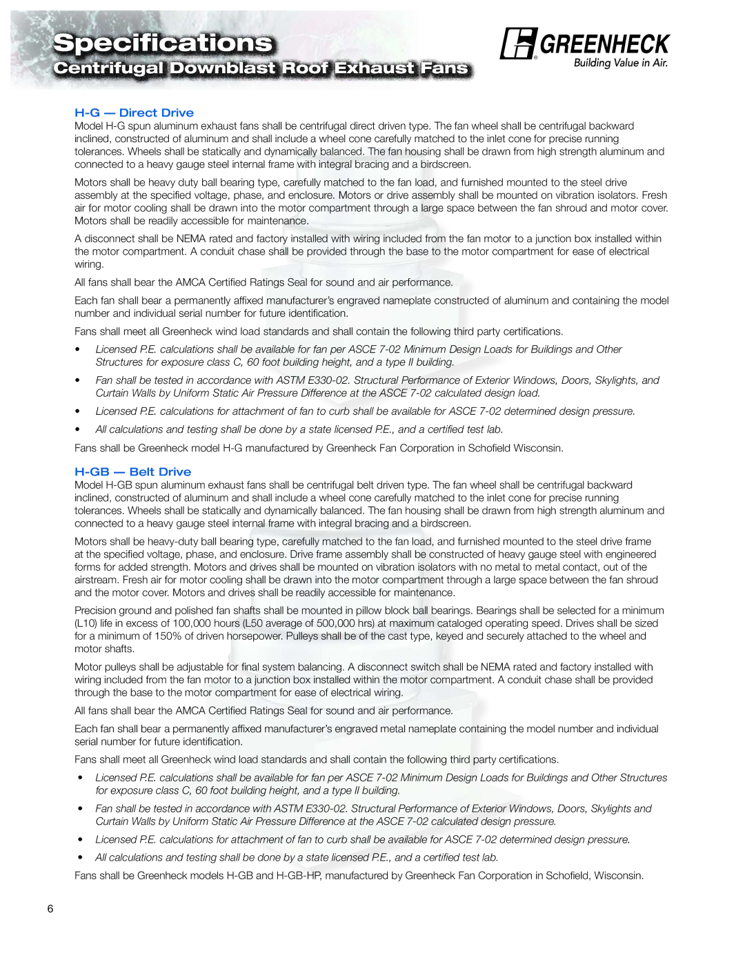 Greenheck Fan H-CUBE, H-GB, H-CUE Speciﬁcations, Centrifugal Downblast Roof Exhaust Fans, Direct Drive, GB Belt Drive 