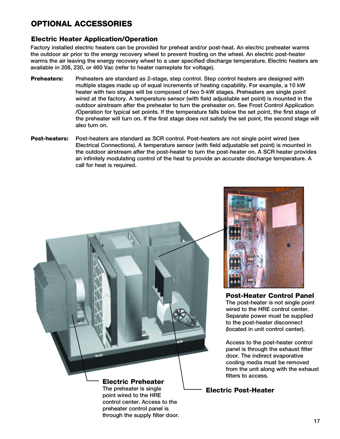 Greenheck Fan 90, 55 Optional accessories, Electric Heater Application/Operation, Electric Preheater, Electric Post-Heater 