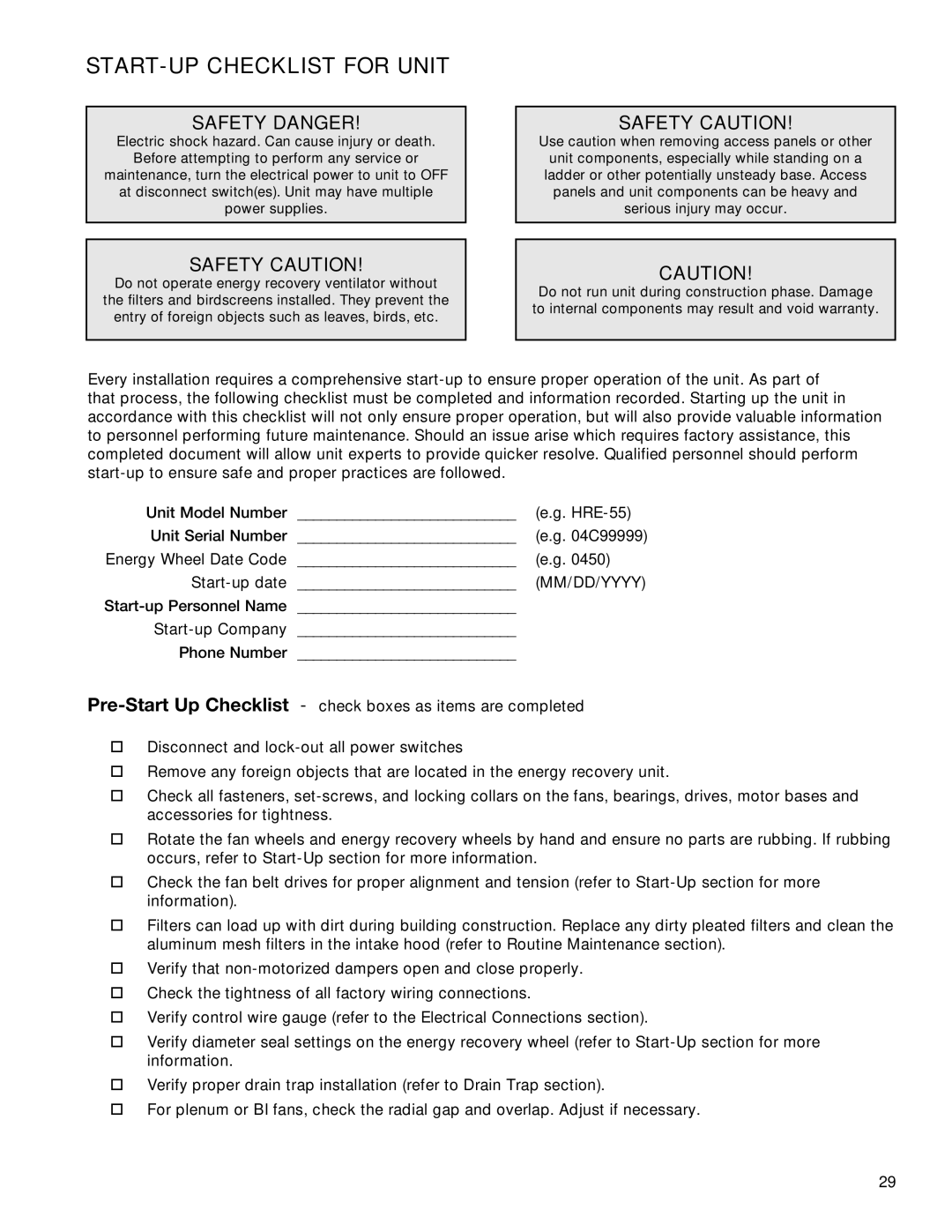 Greenheck Fan 90, HRE-20, 55, 45 manual Start-Up Checklist for unit, Safety Danger, Safety Caution 