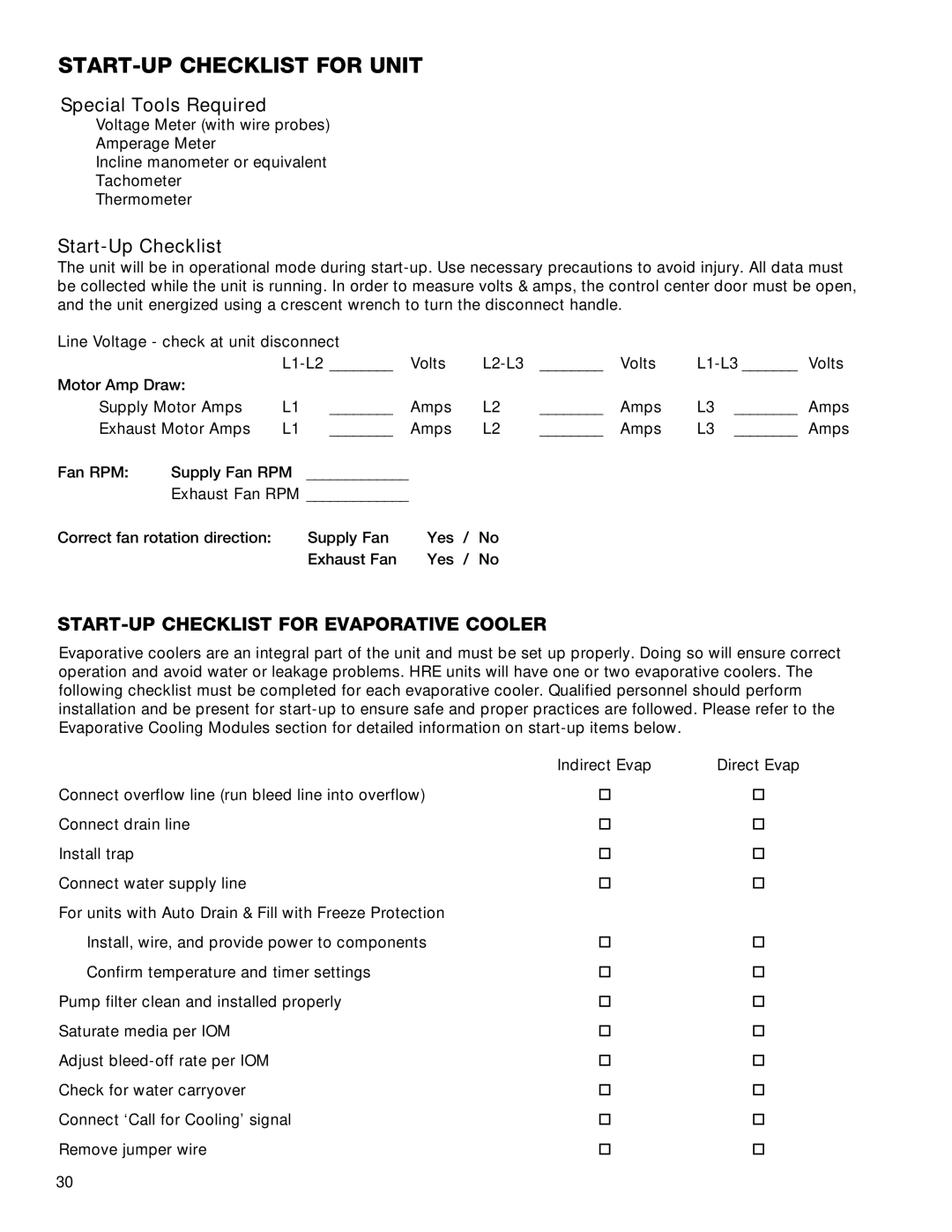 Greenheck Fan 55, HRE-20, 90, 45 manual Special Tools Required, Start-Up Checklist for Evaporative Cooler 