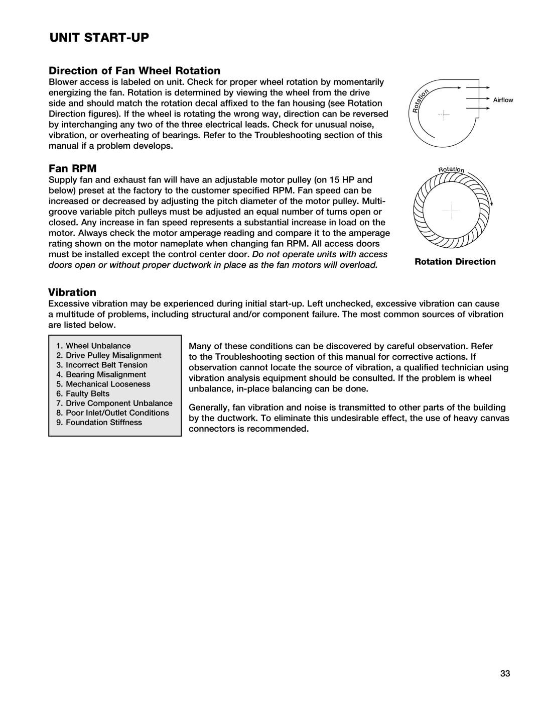 Greenheck Fan 90, HRE-20, 55, 45 manual Direction of Fan Wheel Rotation, Fan RPM, Vibration, Rotation Direction 