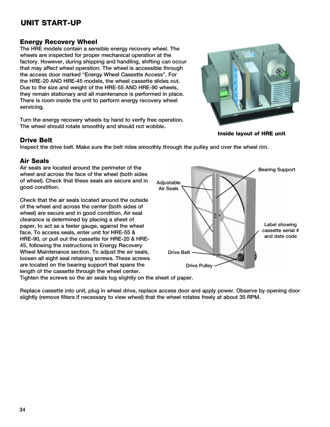 Greenheck Fan 55, HRE-20, 90, 45 manual Drive Belt, Air Seals, Inside layout of HRE unit 