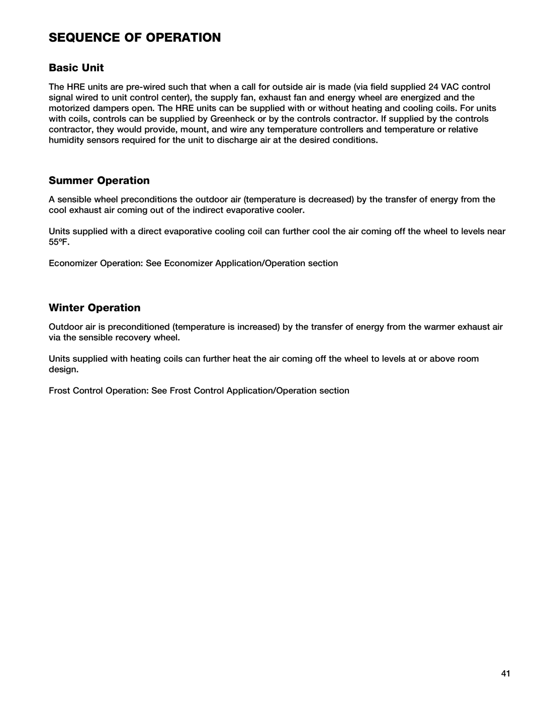 Greenheck Fan 90, HRE-20, 55, 45 manual Sequence of Operation, Basic Unit, Summer Operation, Winter Operation 
