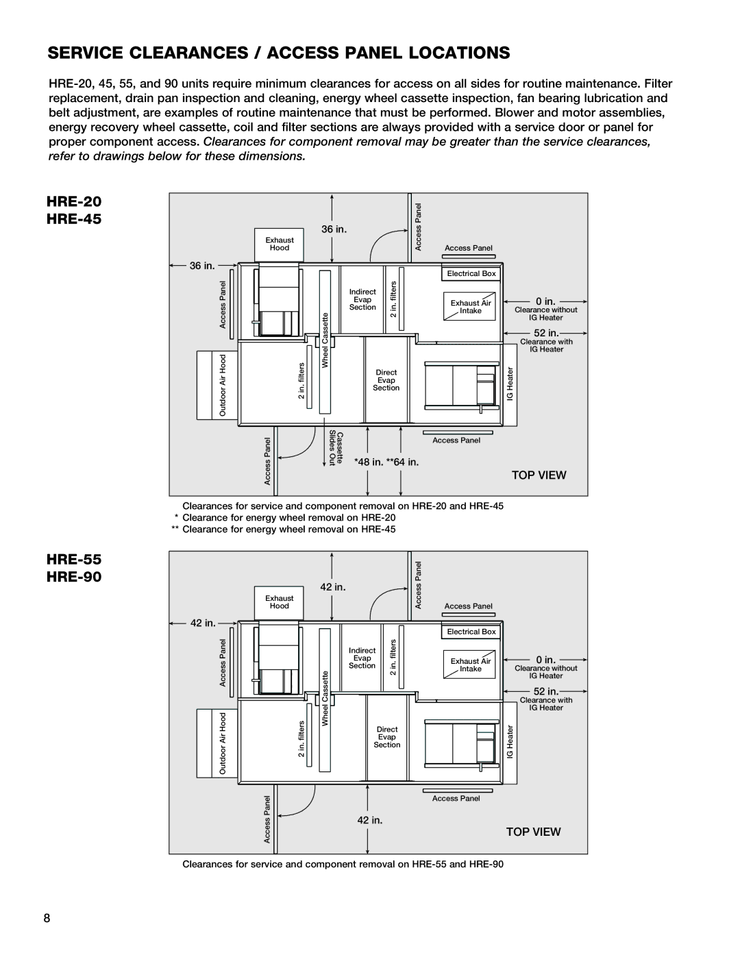 Greenheck Fan manual Service Clearances / access panel locations, HRE-20 HRE-45, HRE-55 HRE-90 