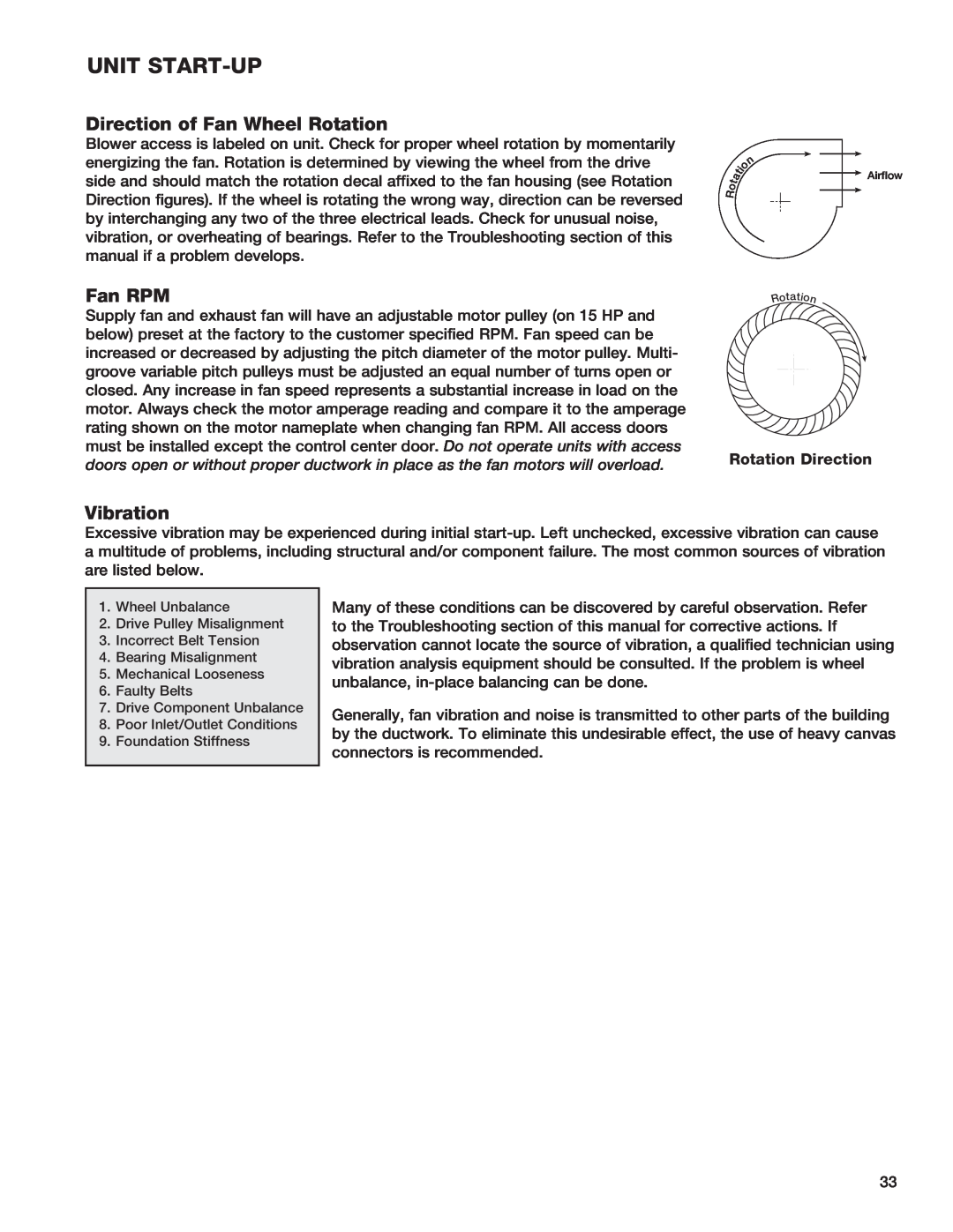 Greenheck Fan 90, HRE-20, 55, 45 manual Direction of Fan Wheel Rotation, Fan RPM, Vibration, unit start-up, Rotation Direction 