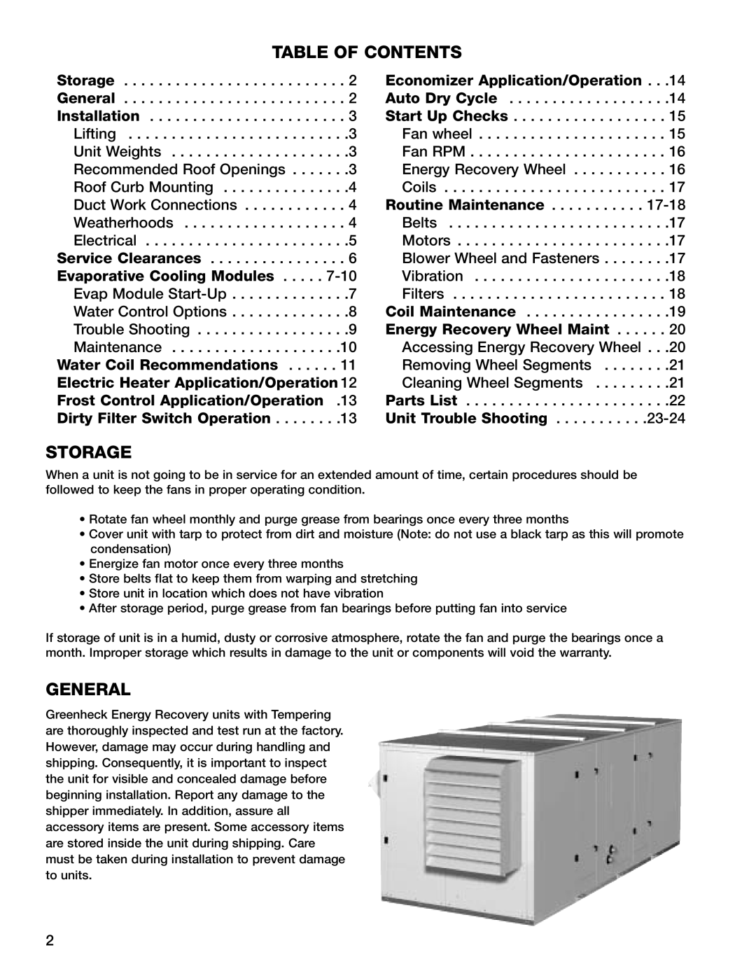 Greenheck Fan HRE-45, HRE-20, HRE-90, HRE-55 manual Table of Contents, Storage, General 