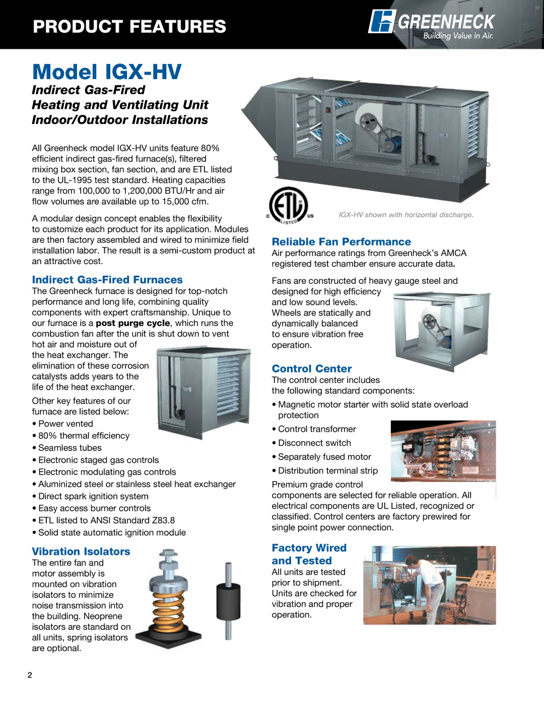 Greenheck Fan IGX-HV manual Product Features 