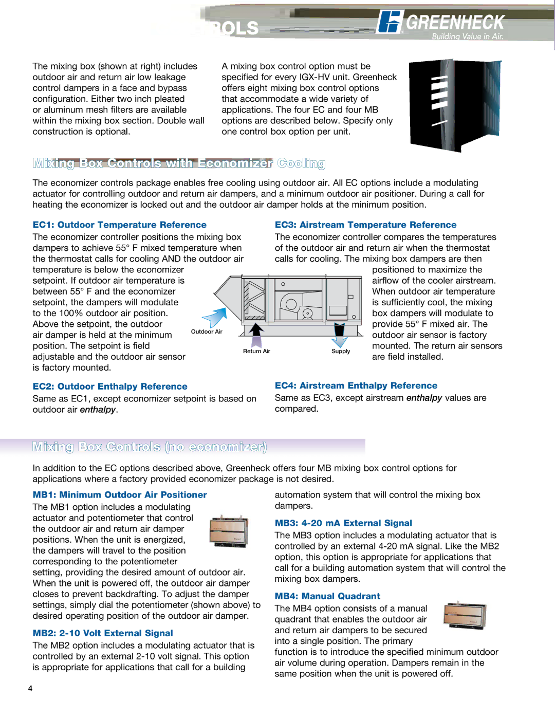 Greenheck Fan IGX-HV manual Mixing Box Controls with Economizer Cooling, Mixing Box Controls no economizer 