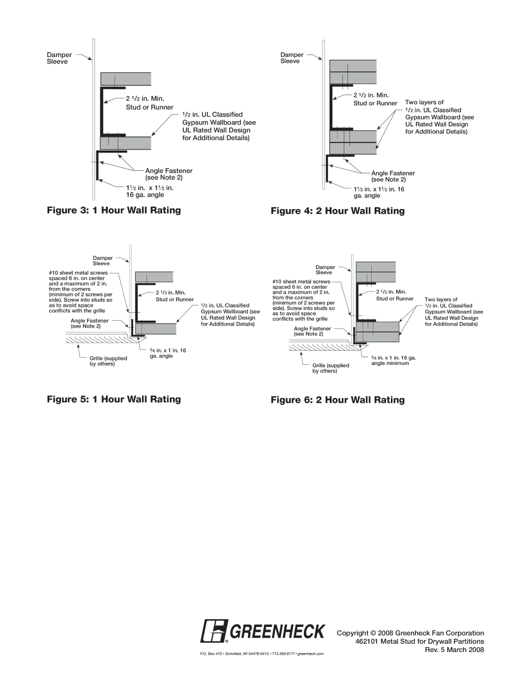 Greenheck Fan KFD Damper Sleeve 2 in. Min Stud or Runner Two layers, Angle Fastener see Note 11⁄2 in. x 11⁄2 in ga. angle 