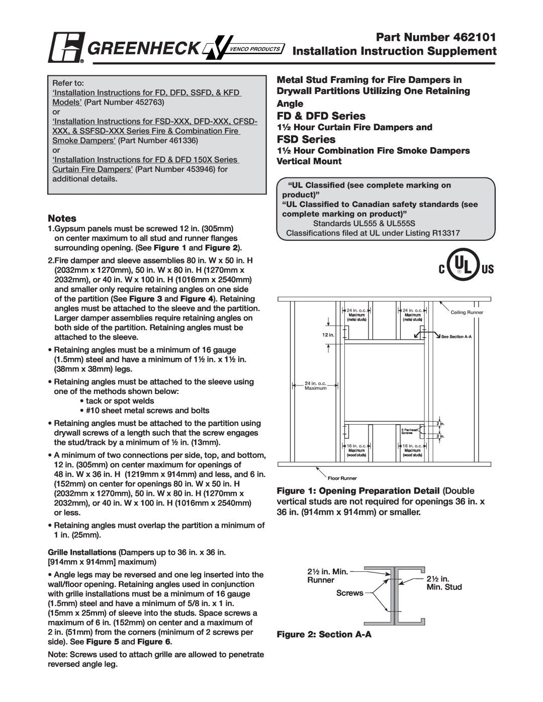 Greenheck Fan KFD installation instructions Part Number 462101 Installation Instruction Supplement, FD & DFD Series, Angle 