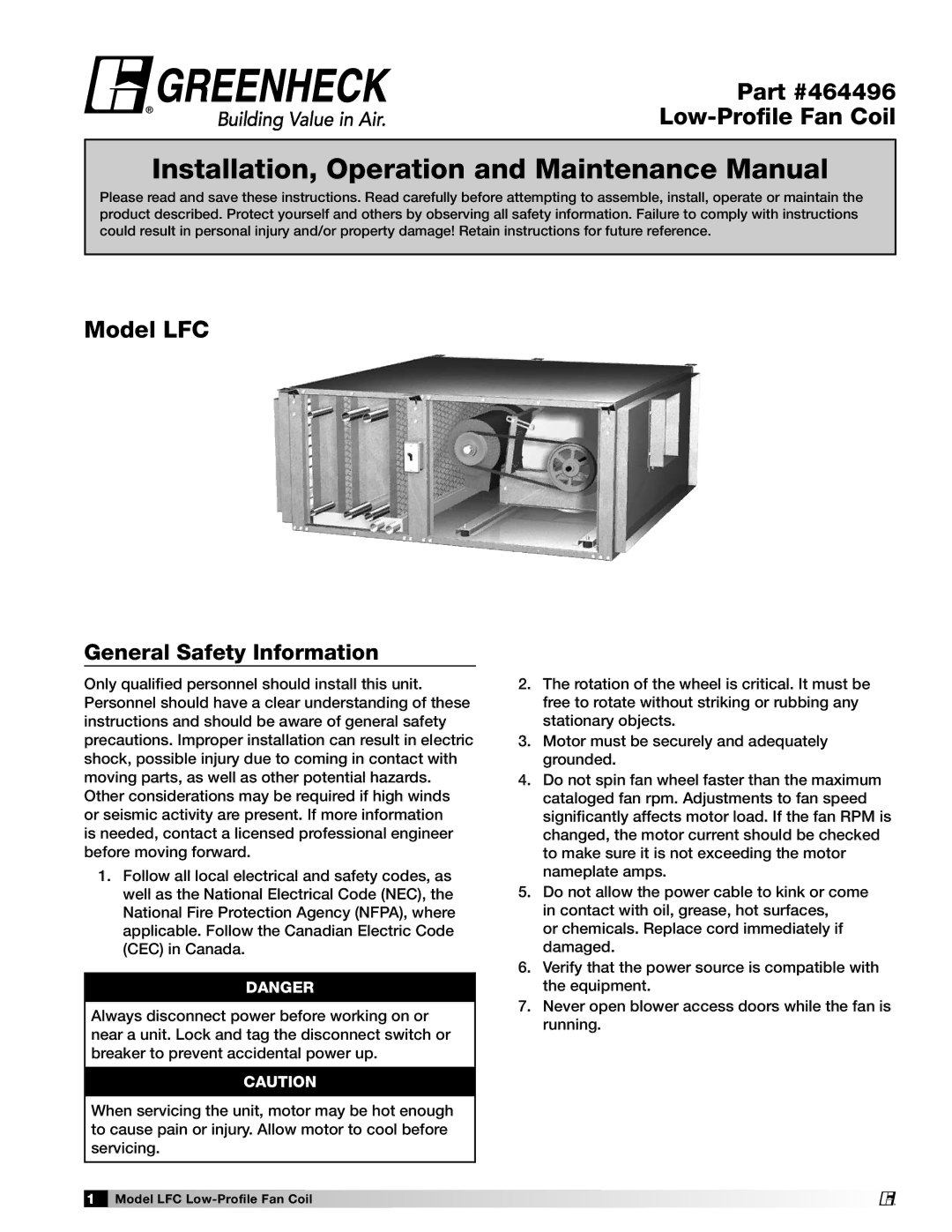 Greenheck Fan LFC manual Installation, Operation and Maintenance Manual, General Safety Information 