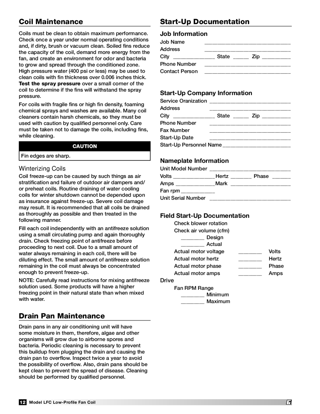 Greenheck Fan LFC manual Coil Maintenance, Drain Pan Maintenance, Start-Up Documentation 