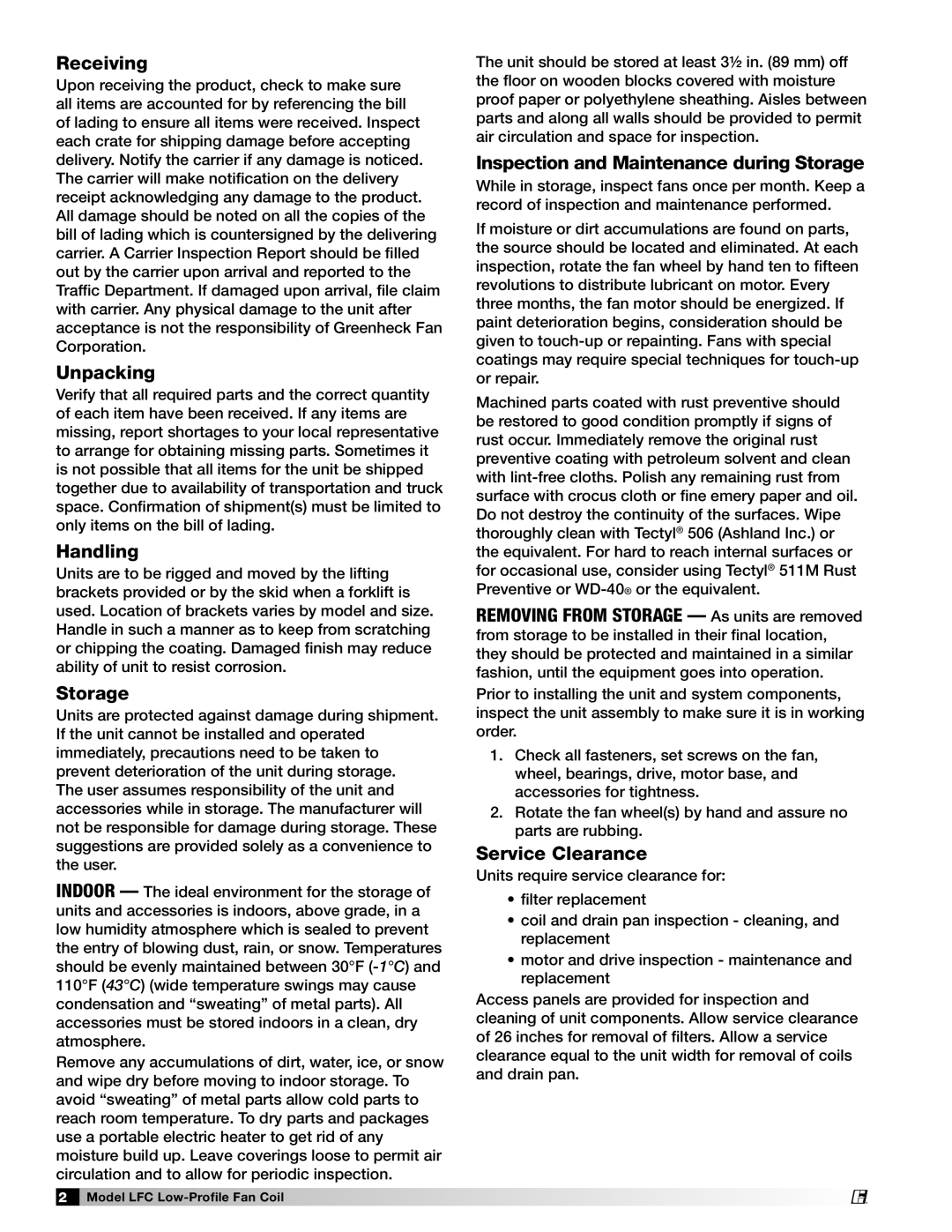 Greenheck Fan LFC manual Receiving, Unpacking, Handling, Inspection and Maintenance during Storage, Service Clearance 