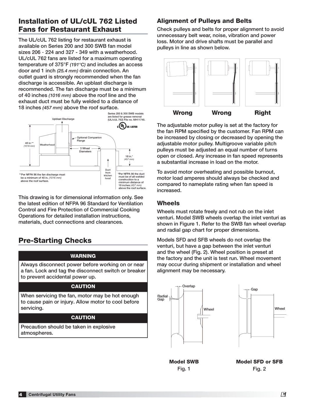 Greenheck Fan Model SFD manual Pre-Starting Checks, Alignment of Pulleys and Belts, Wrong Wrong Right, Wheels 