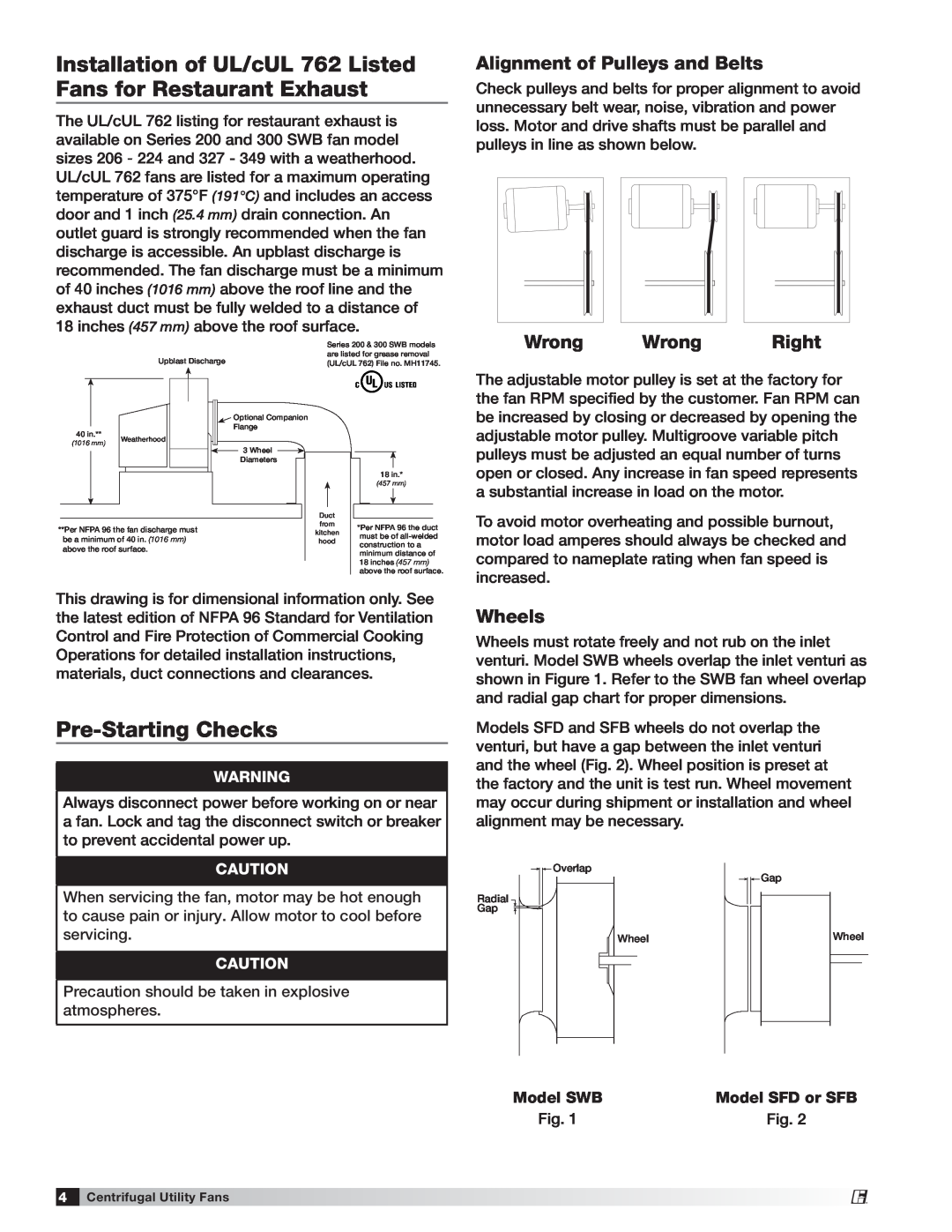 Greenheck Fan manual Pre-StartingChecks, Alignment of Pulleys and Belts, Wrong Wrong Right, Wheels, Model SFD or SFB 