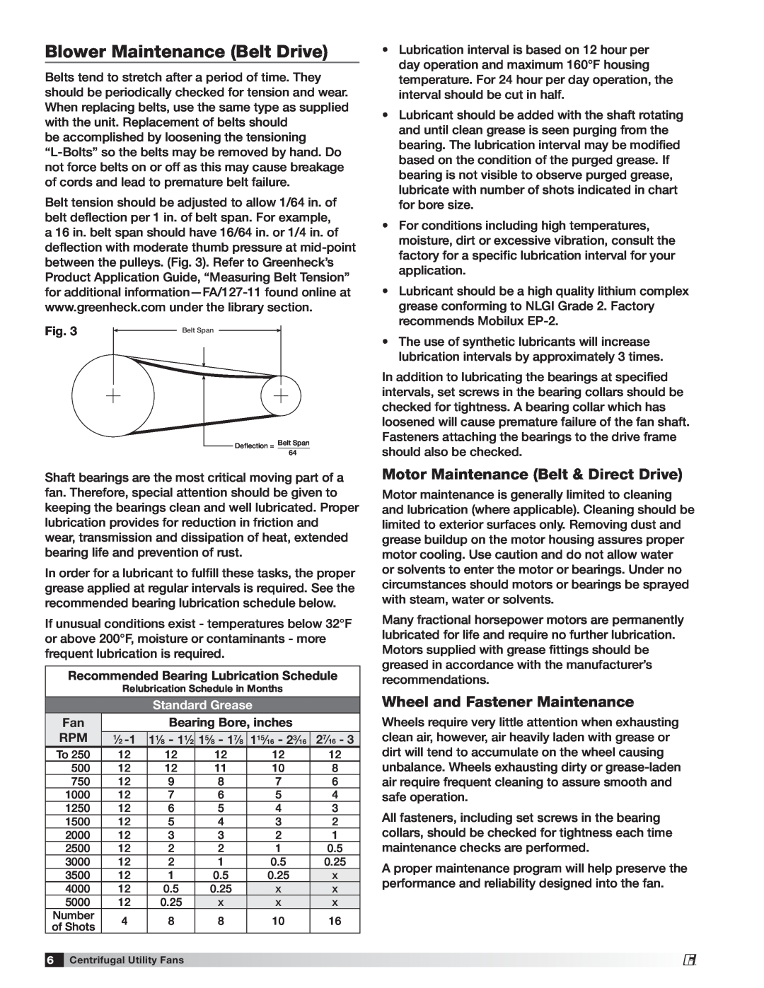 Greenheck Fan Model SWB Series 300 manual Blower Maintenance Belt Drive, Motor Maintenance Belt & Direct Drive, 11⁄8 - 11⁄2 