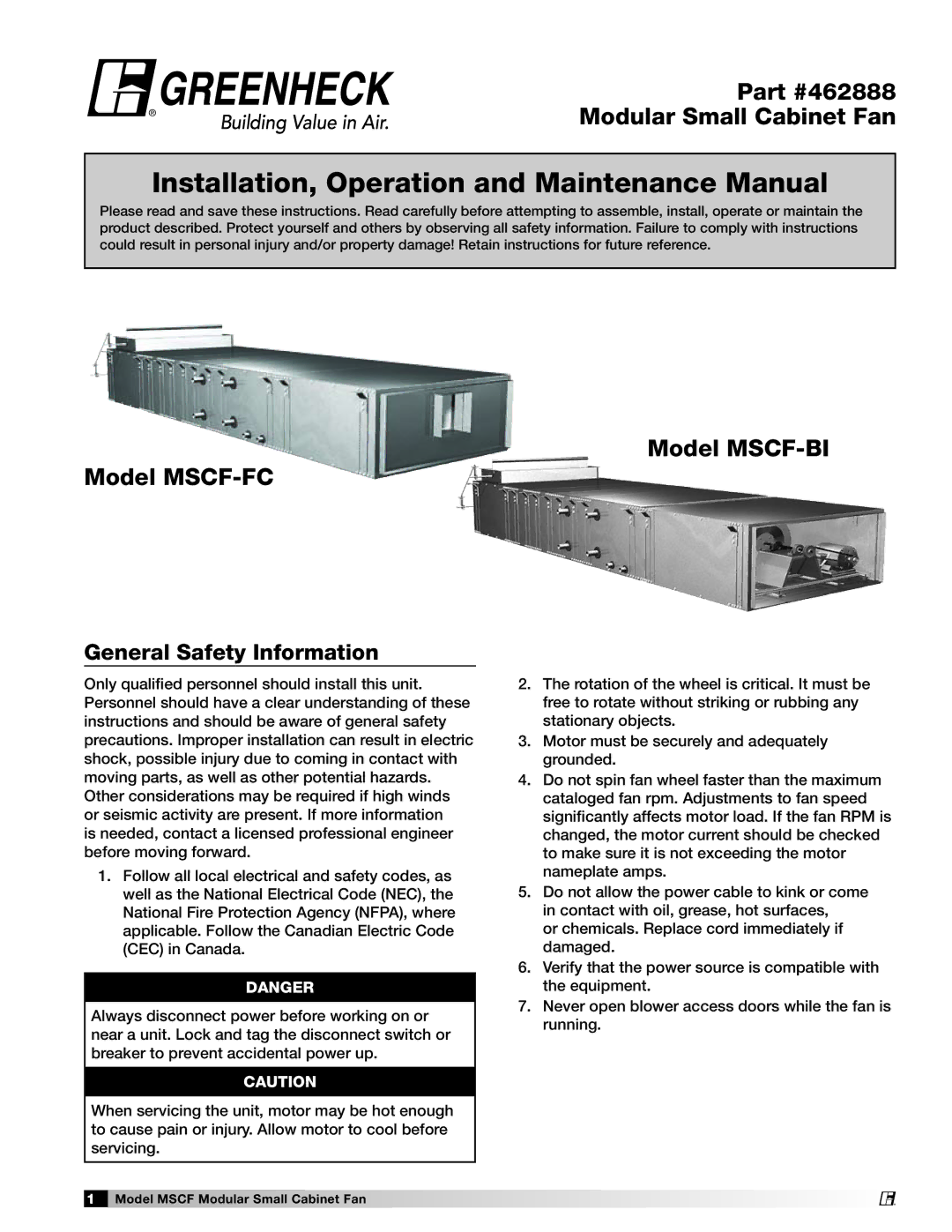 Greenheck Fan MSCF-BI, MSCF-FC manual Installation, Operation and Maintenance Manual, General Safety Information 