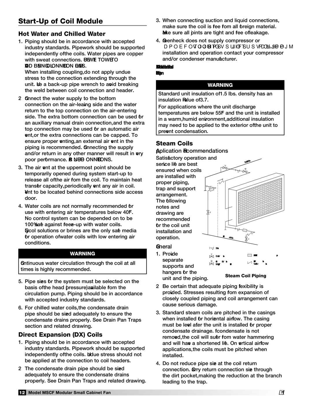 Greenheck Fan MSCF-FC manual Start-Up of Coil Module, Hot Water and Chilled Water, Steam Coils, Direct Expansion DX Coils 