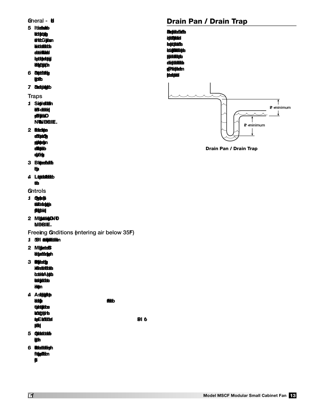 Greenheck Fan MSCF-BI, MSCF-FC manual Drain Pan / Drain Trap, Traps, Controls, Freezing Conditions entering air below 35F 