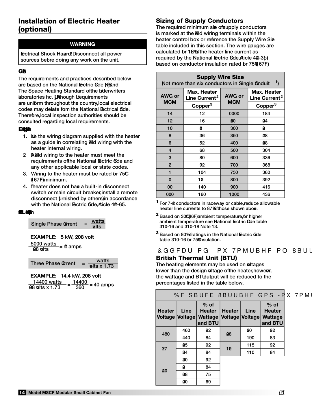 Greenheck Fan MSCF-FC, MSCF-BI manual Installation of Electric Heater optional, Sizing of Supply Conductors 