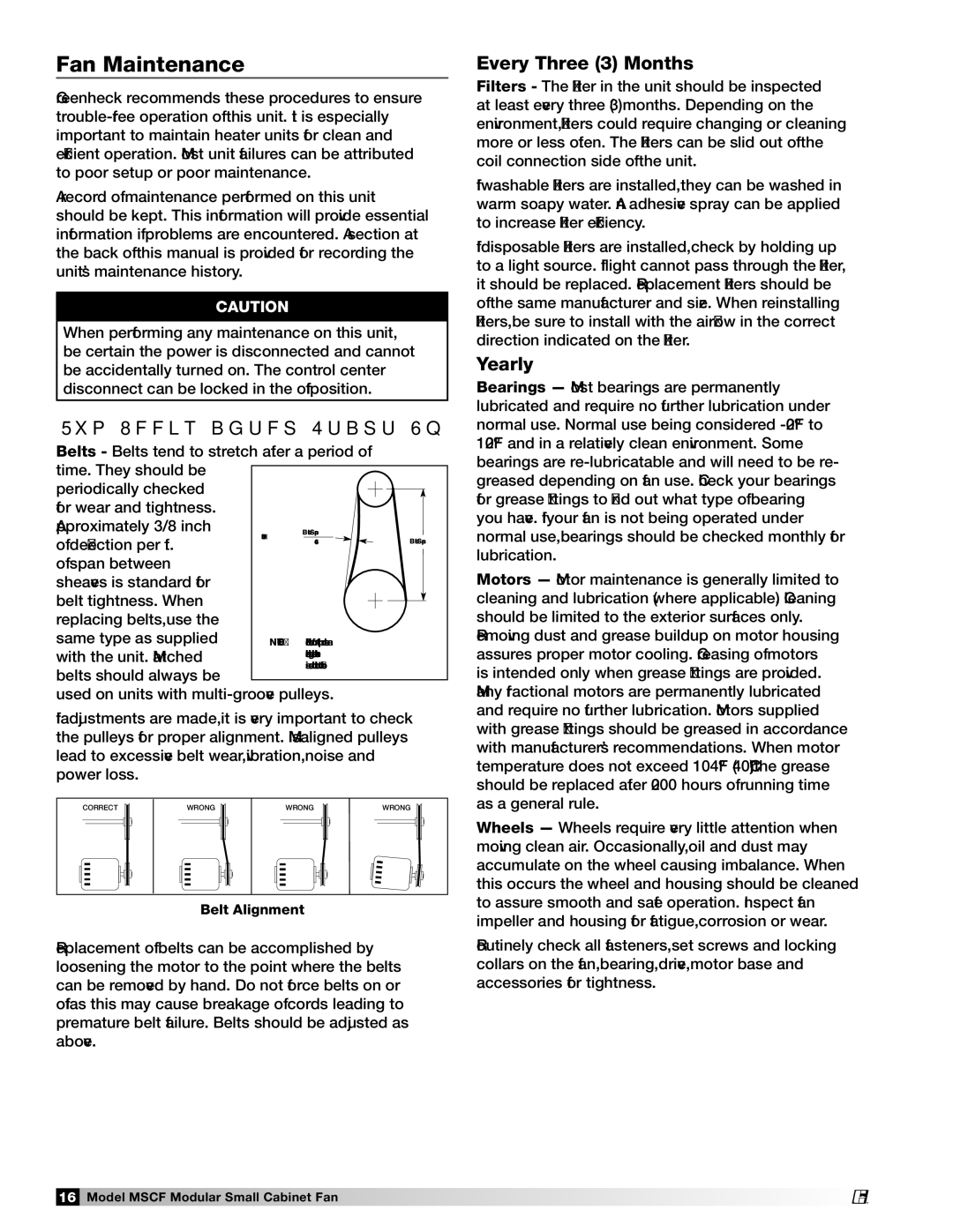 Greenheck Fan MSCF-FC, MSCF-BI manual Fan Maintenance, Two Weeks after Start-Up, Every Three 3 Months, Yearly 