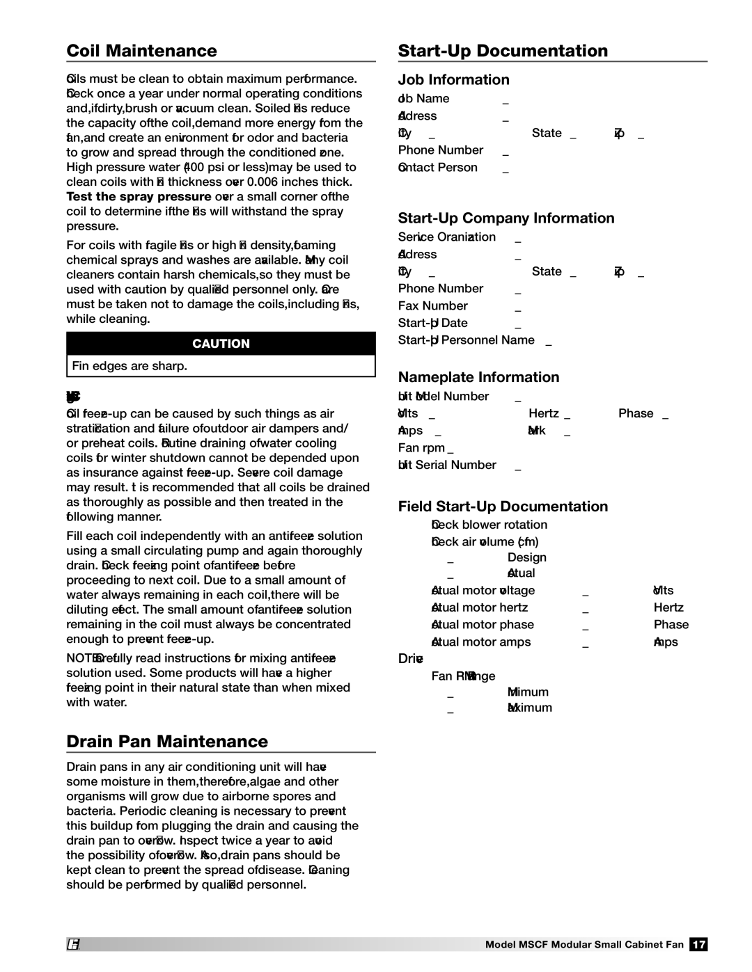 Greenheck Fan MSCF-BI, MSCF-FC manual Coil Maintenance, Drain Pan Maintenance, Start-Up Documentation 