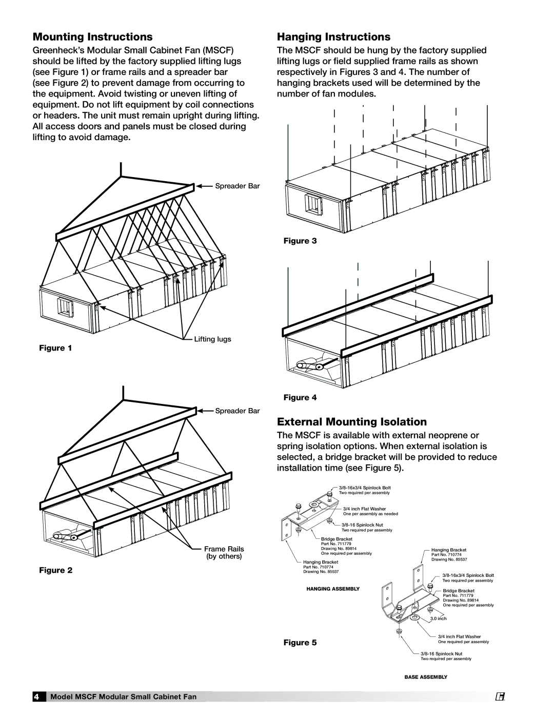 Greenheck Fan MSCF-FC, MSCF-BI manual Mounting Instructions, Hanging Instructions, External Mounting Isolation 