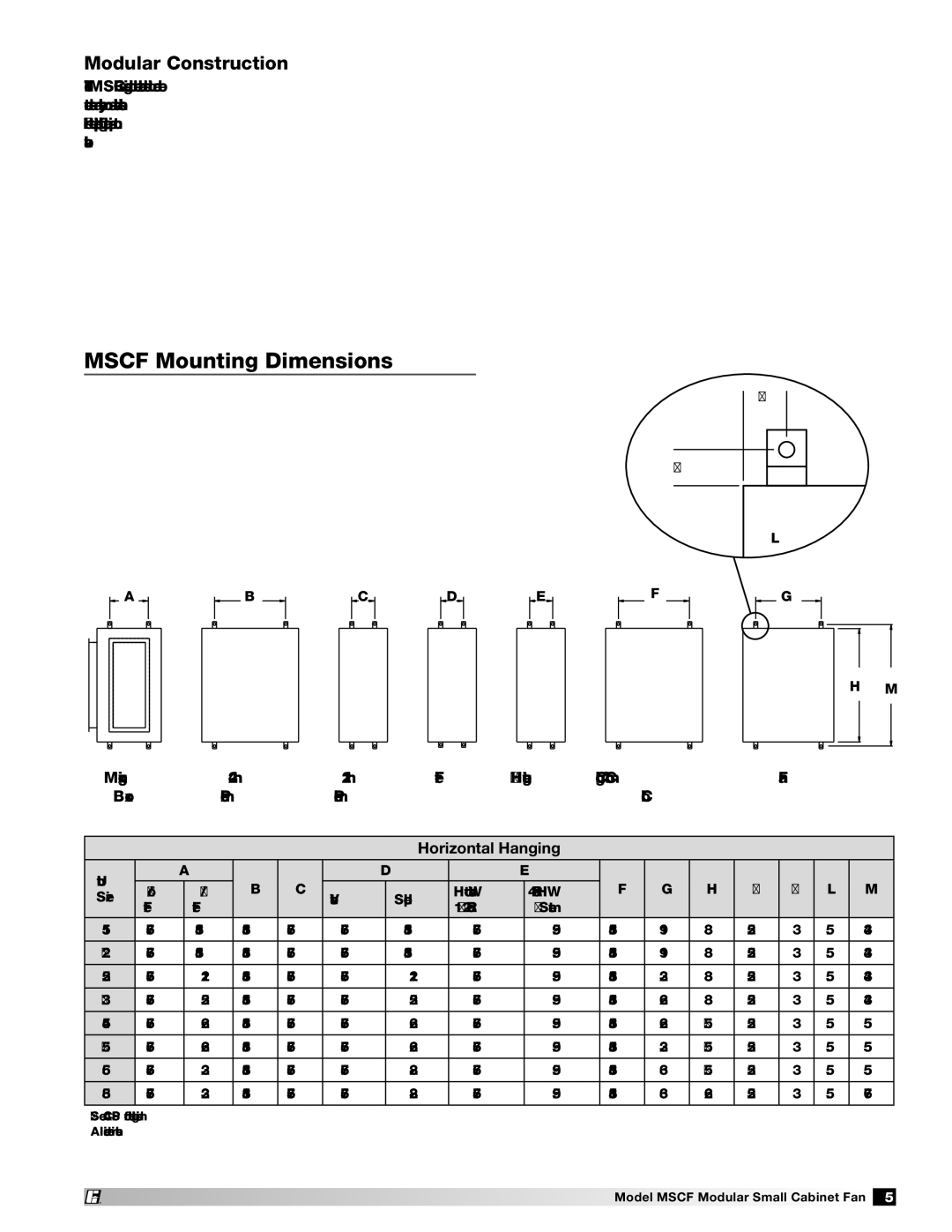 Greenheck Fan MSCF-BI, MSCF-FC manual Mscf Mounting Dimensions, Modular Construction, Horizontal Hanging 