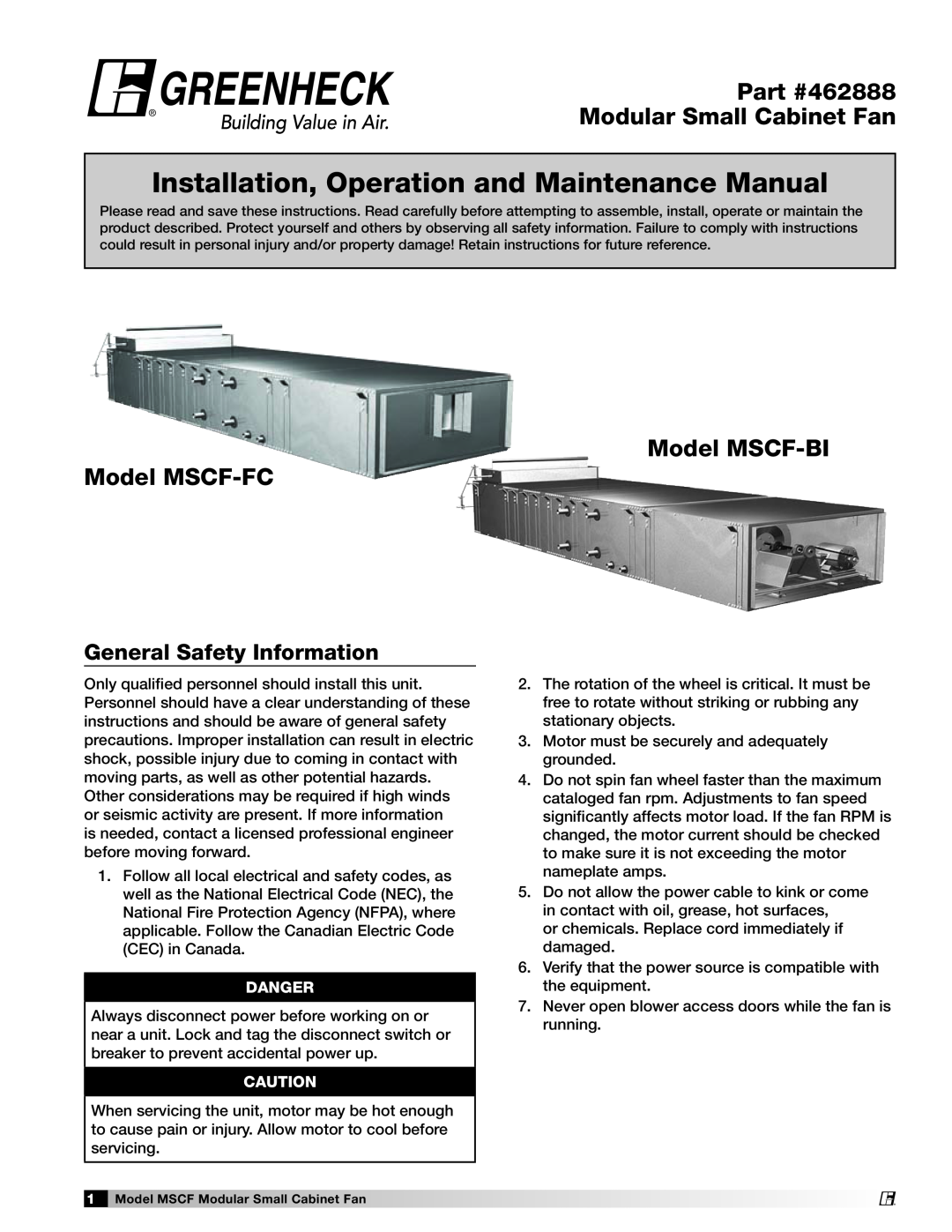 Greenheck Fan MSCF-BI manual General Safety Information, Installation, Operation and Maintenance Manual, 462888, Danger 