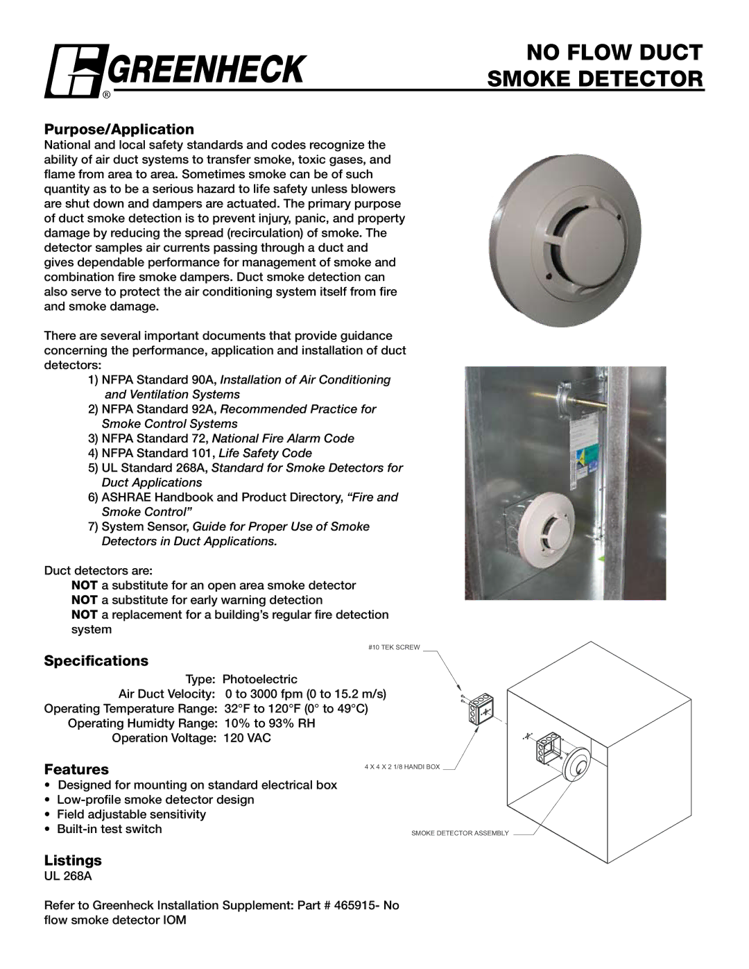 Greenheck Fan No Flow Duct Smoke Detector specifications Purpose/Application, Specifications, Features, Listings 