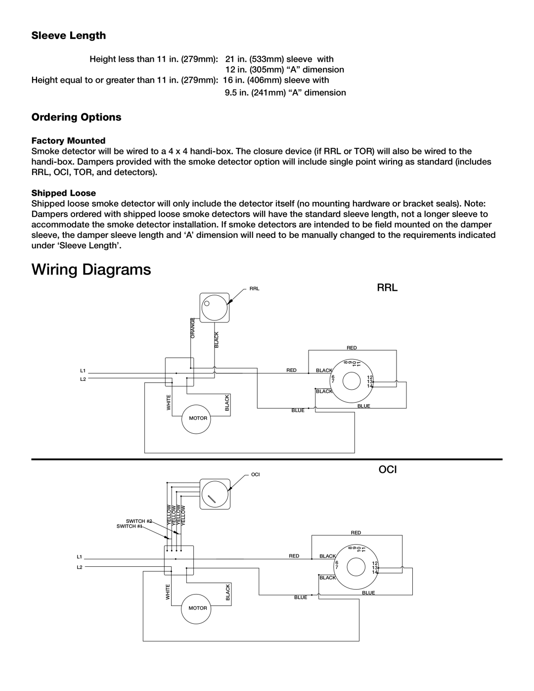 Greenheck Fan No Flow Duct Smoke Detector specifications Wiring Diagrams, Sleeve Length, Ordering Options 