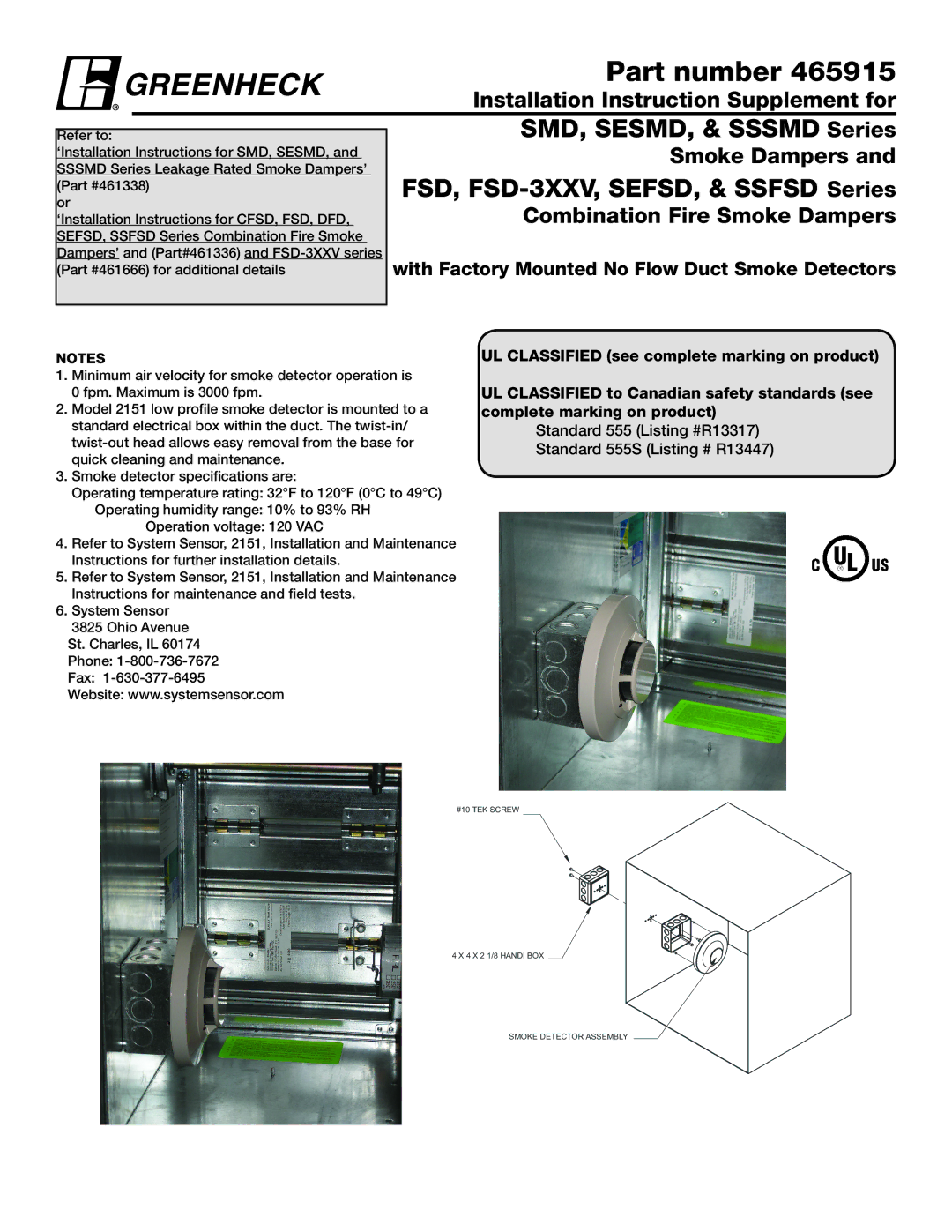 Greenheck Fan none installation instructions Part number, SMD, SESMD, & Sssmd Series, FSD, FSD-3XXV, SEFSD, & Ssfsd Series 