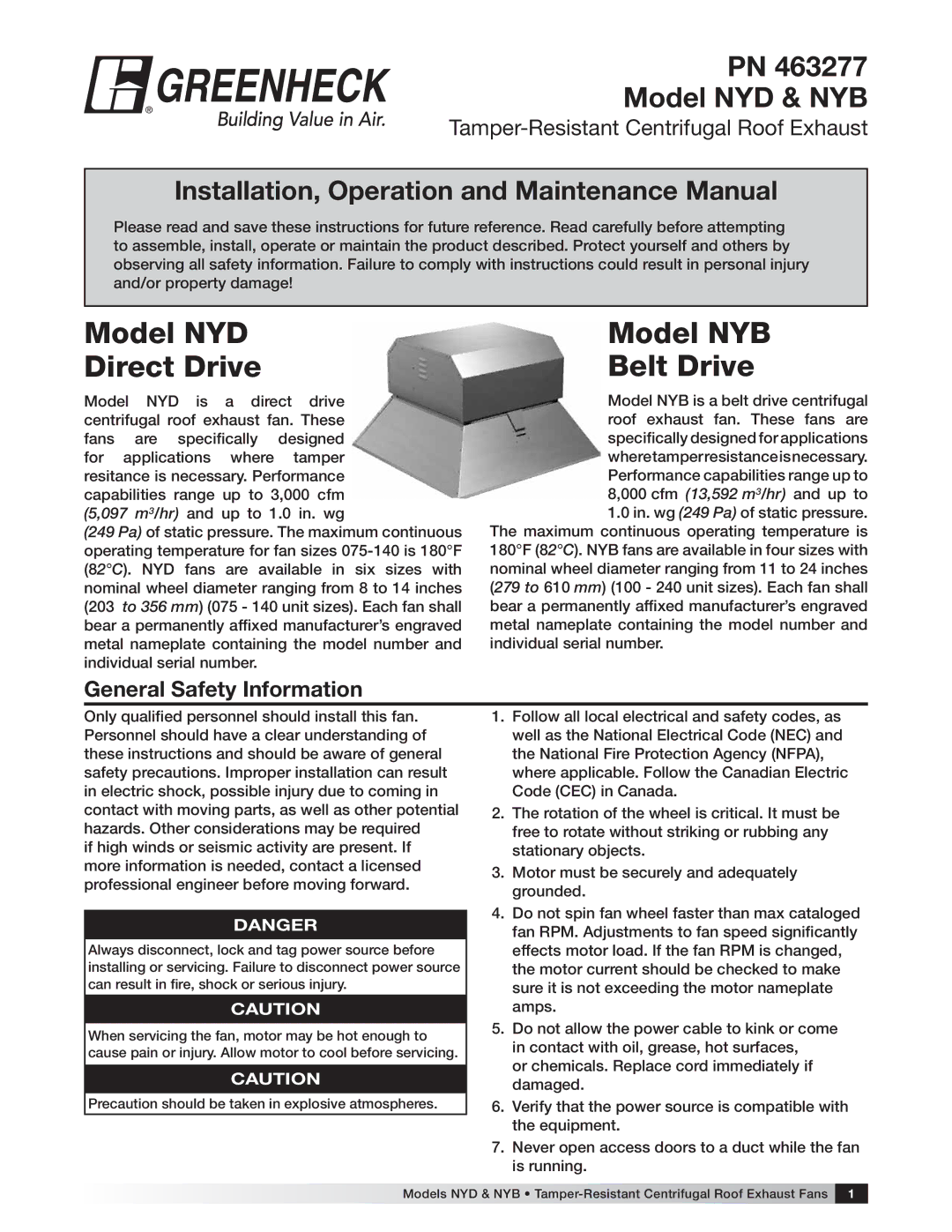 Greenheck Fan manual Model NYD & NYB, General Safety Information 