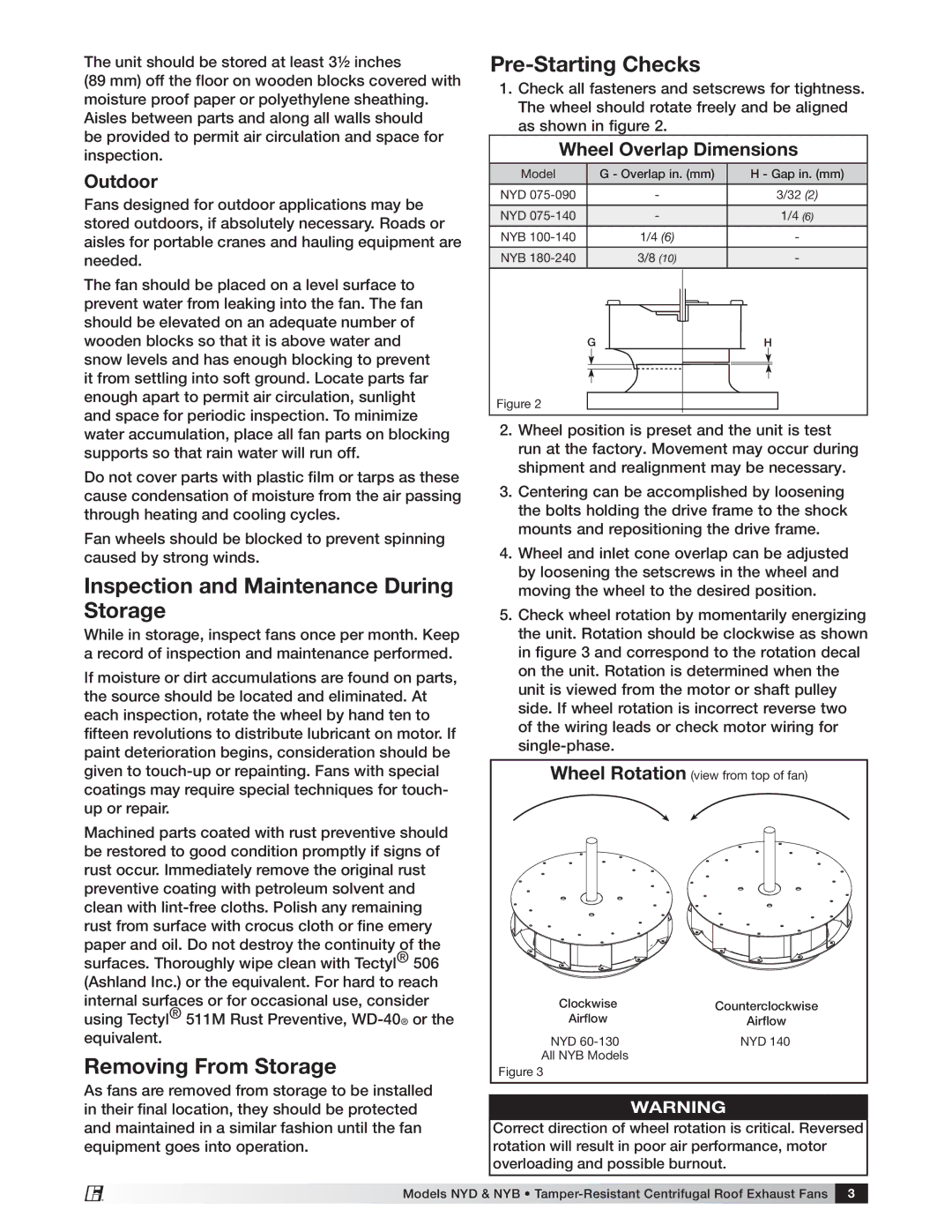 Greenheck Fan NYD, NYB manual Inspection and Maintenance During Storage, Removing From Storage, Pre-Starting Checks, Outdoor 