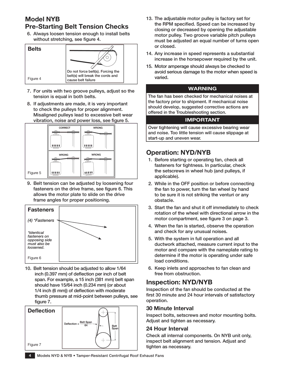 Greenheck Fan manual Model NYB Pre-Starting Belt Tension Checks, Operation NYD/NYB, Inspection NYD/NYB 