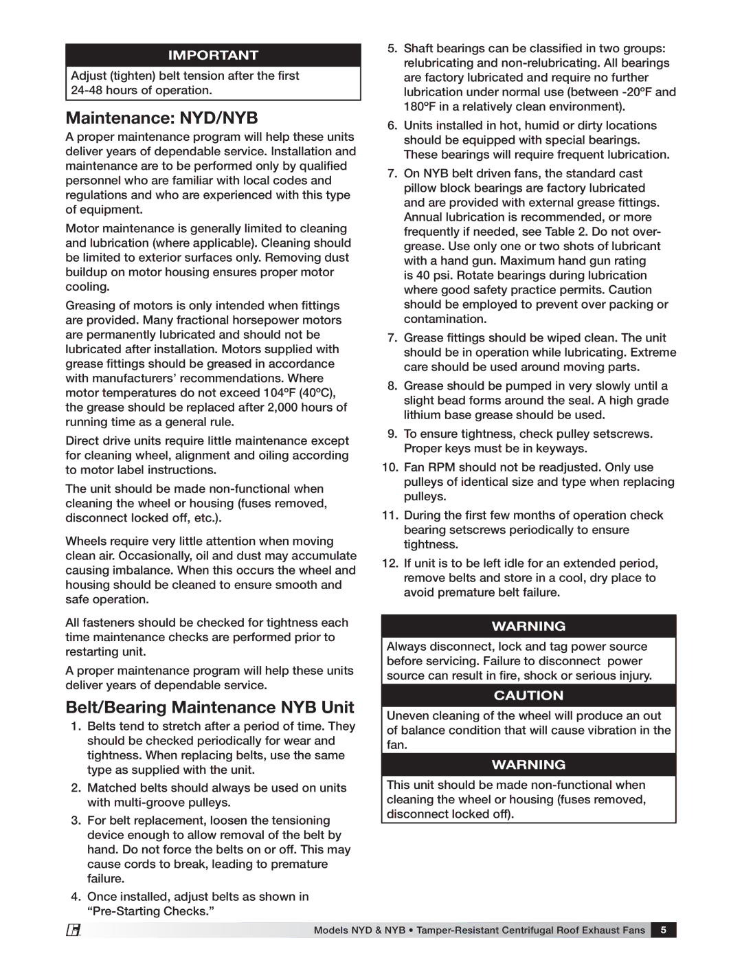 Greenheck Fan manual Maintenance NYD/NYB, Belt/Bearing Maintenance NYB Unit 