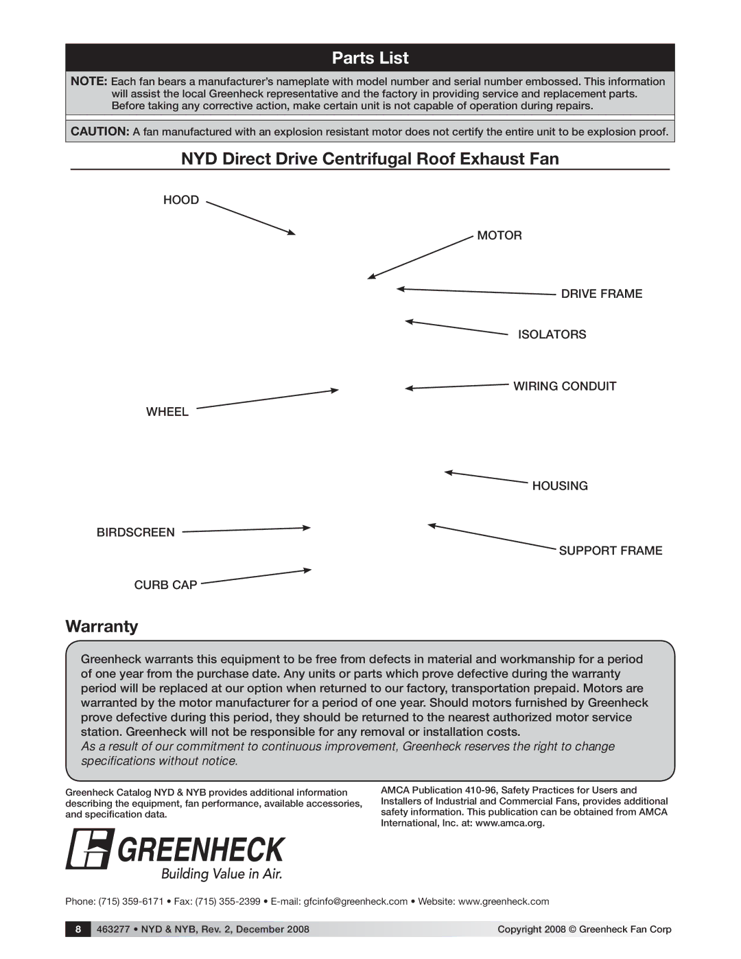 Greenheck Fan NYB manual NYD Direct Drive Centrifugal Roof Exhaust Fan, Warranty 