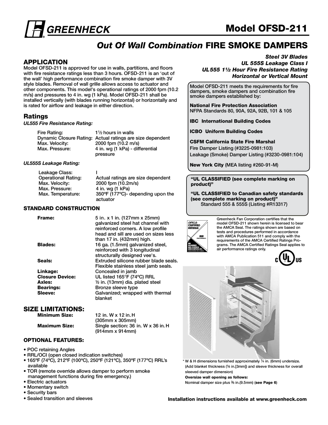 Greenheck Fan dimensions Model OFSD-211, Ratings, Size Limitations 